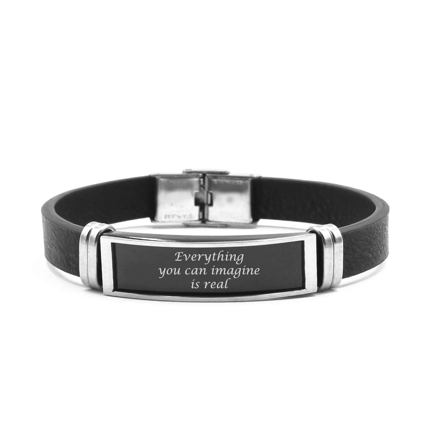 Personalized Men's Black Leather Engraved Metal Bracelet with Gift Box - Inspirational Quote Cuff for Gifts & Daily Wear