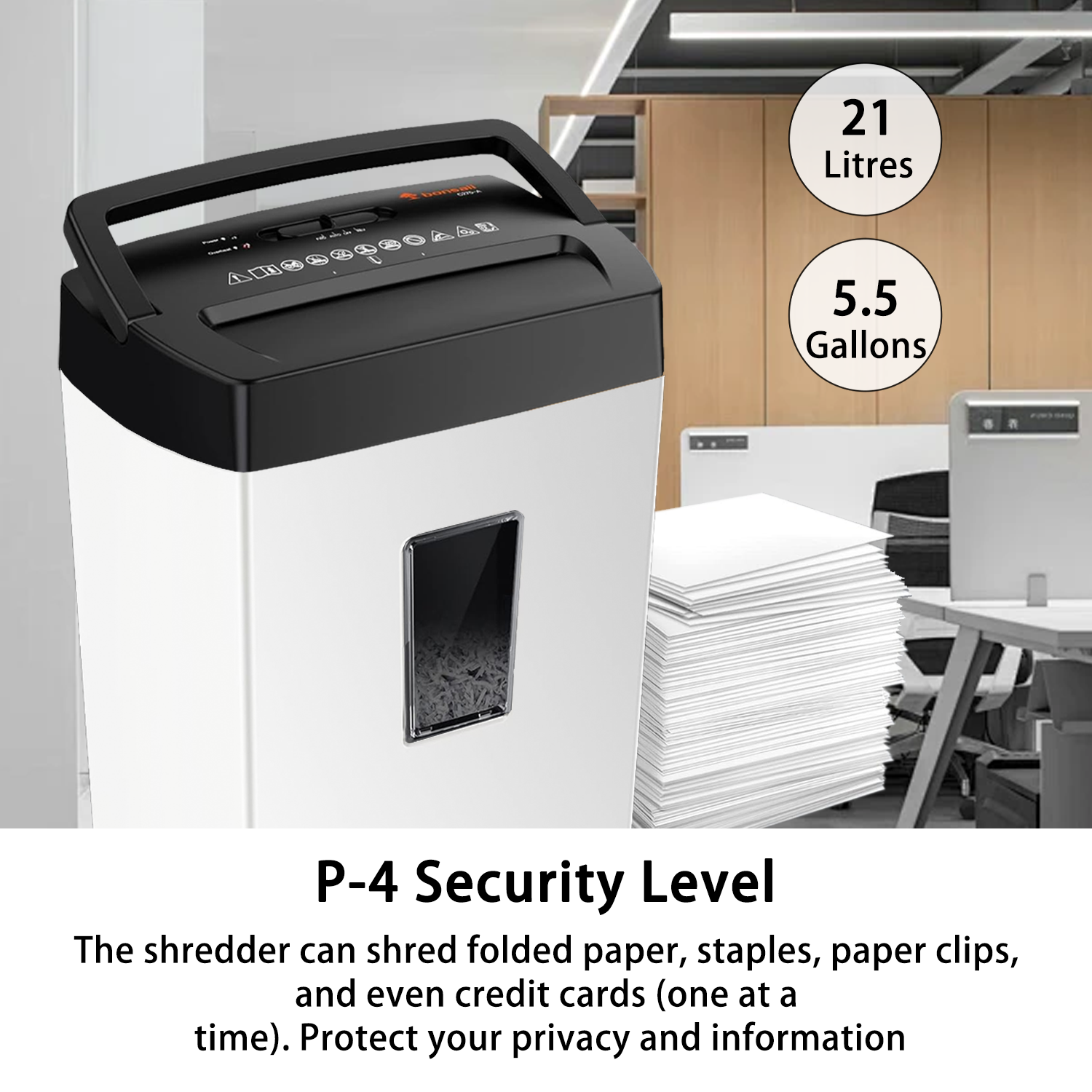 Bonsaii 12-Sheet Crosscut Paper Shredder with 5.5 Gallon Bin - P-4 Security Level Heavy Duty Shredder for Home & Office - Destroys Paper, Credit Cards, Staples & Mail - White & Black with Viewing Window | Perfect for Document Security, Identity Protection & Office Organization