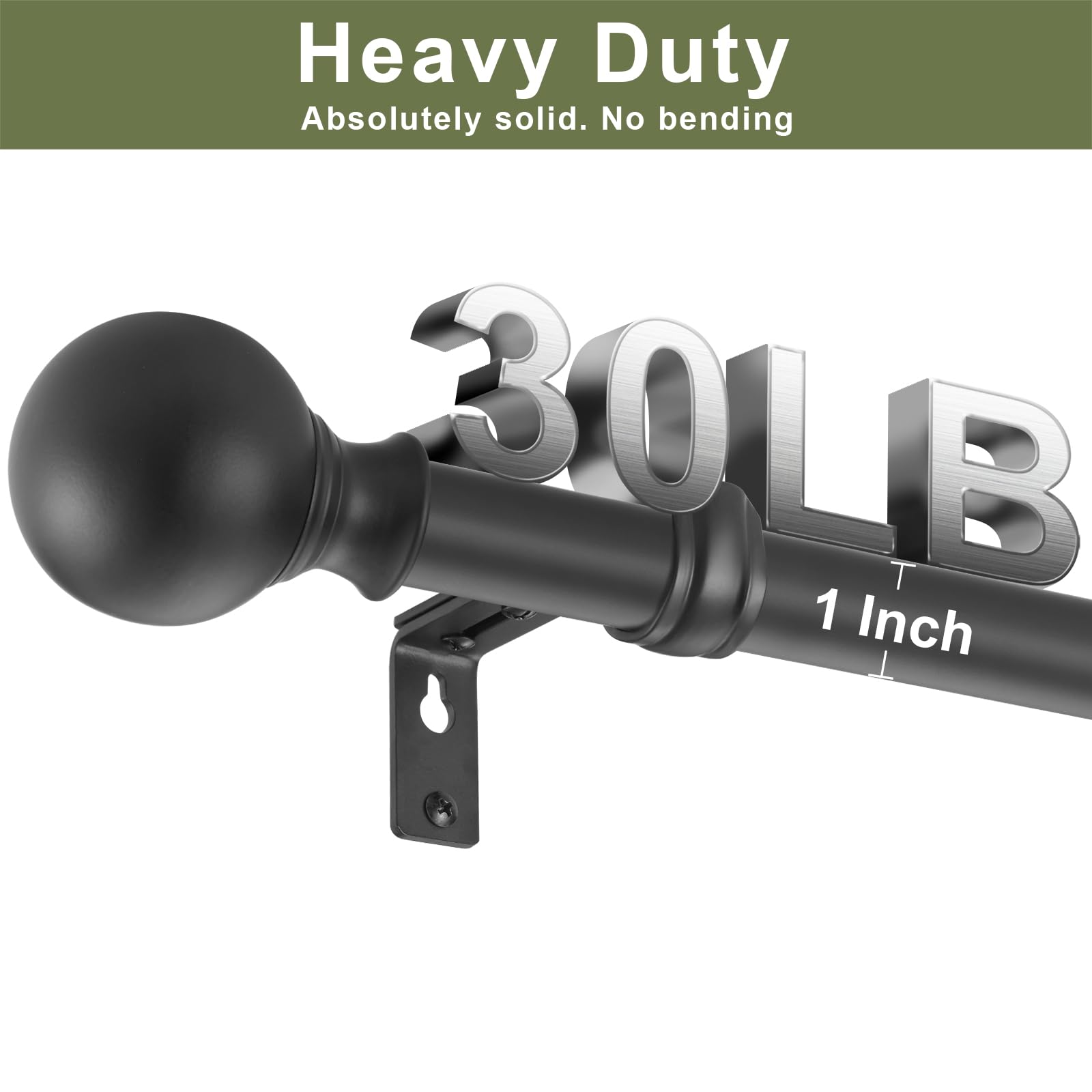 Adjustable Window Curtain Rod 36-72 Inches, 1 Inch Diameter Heavy Duty Drapery Rod with Decorative Round Finials - Matte Black for Living Room, Bedroom, Patio & Home Decor