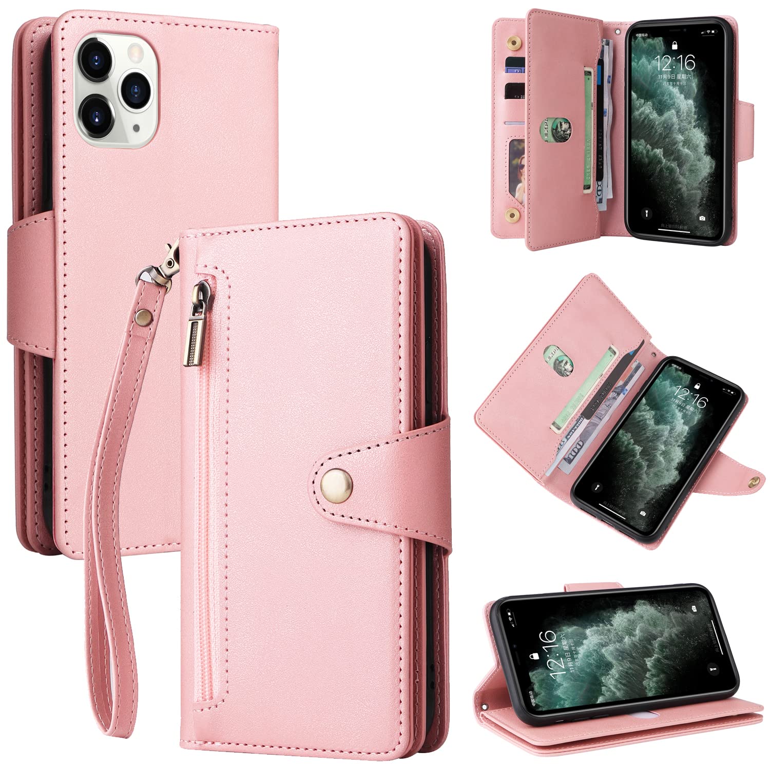 Premium Leather Wallet Case for iPhone 11 - Luxury Flip Folio Cover with Zipper Pocket, Card Slots & Wrist Strap | Durable Rose Gold Phone Case for Women & Men | Perfect for Work, Travel & Everyday Protection