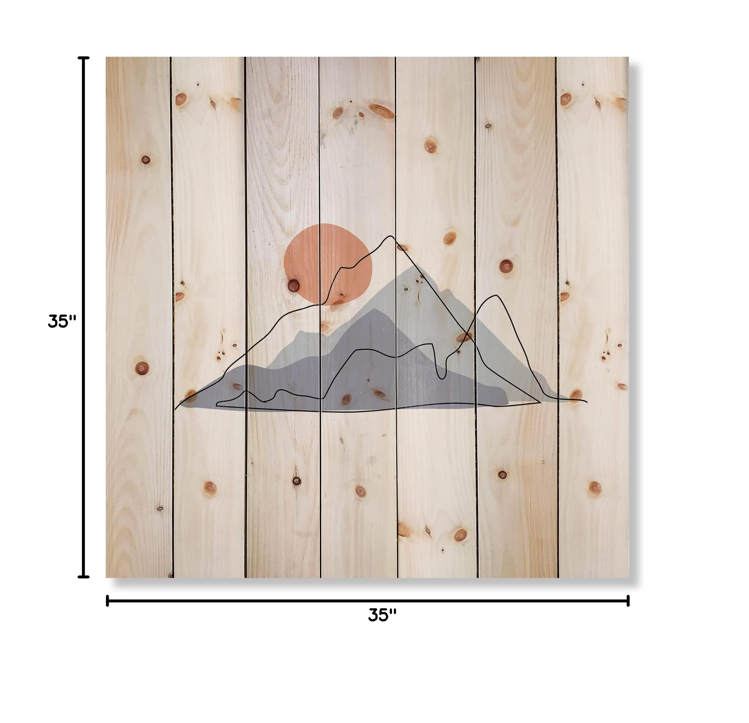 Abstract Mountainscape with Red Moon - Modern Wood Wall Art Decor, Blue Contemporary Wood Panel, Large Pine Wood Wall Hanging for Living Room & Bedroom
