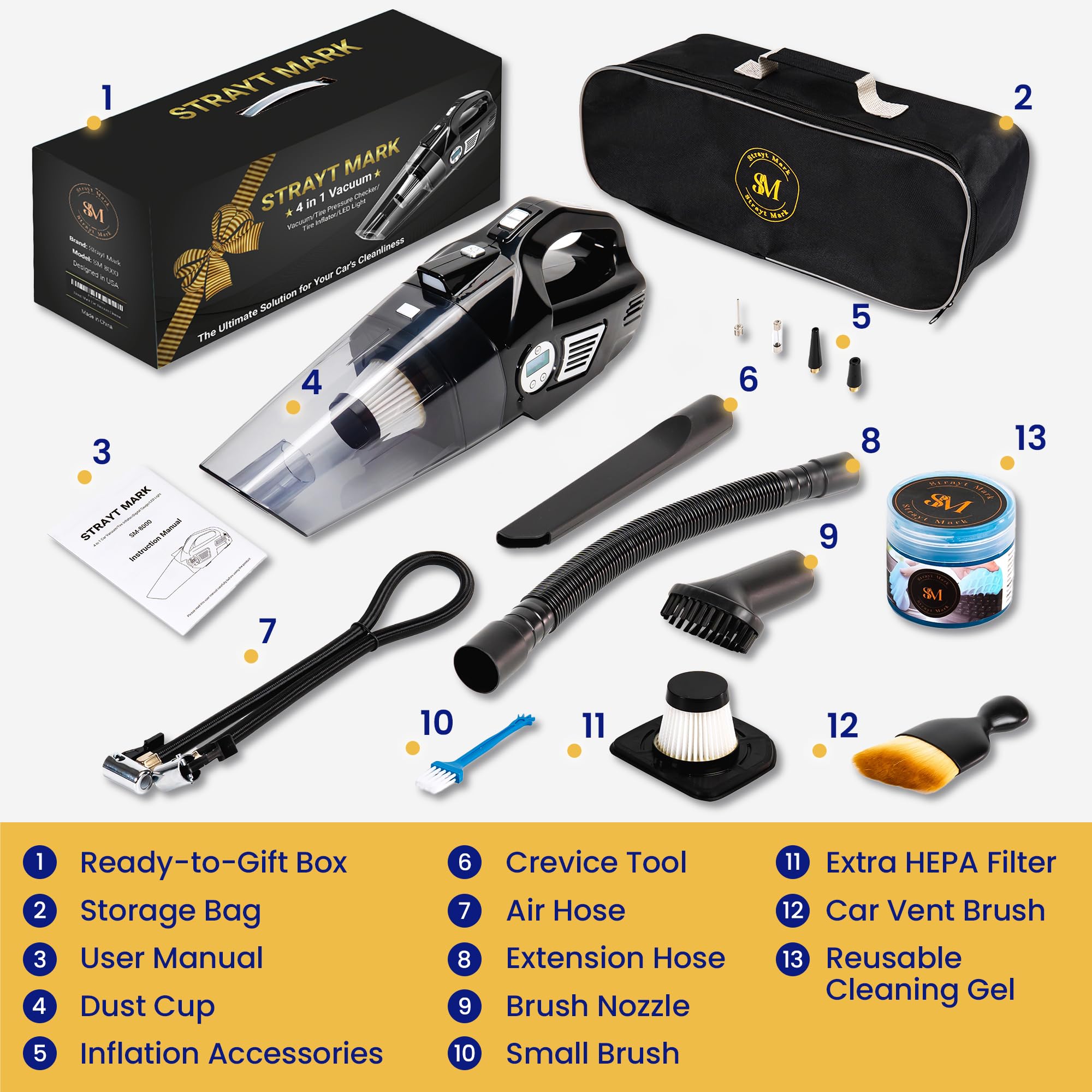 4-in-1 Cordless Car Vacuum Cleaner with Tire Inflator, Digital Pressure Gauge, LED Light & Cleaning Kit - Portable Handheld Vacuum for Car Interior, Home & Office Cleaning - Perfect for Pet Hair, Dust & Debris Removal