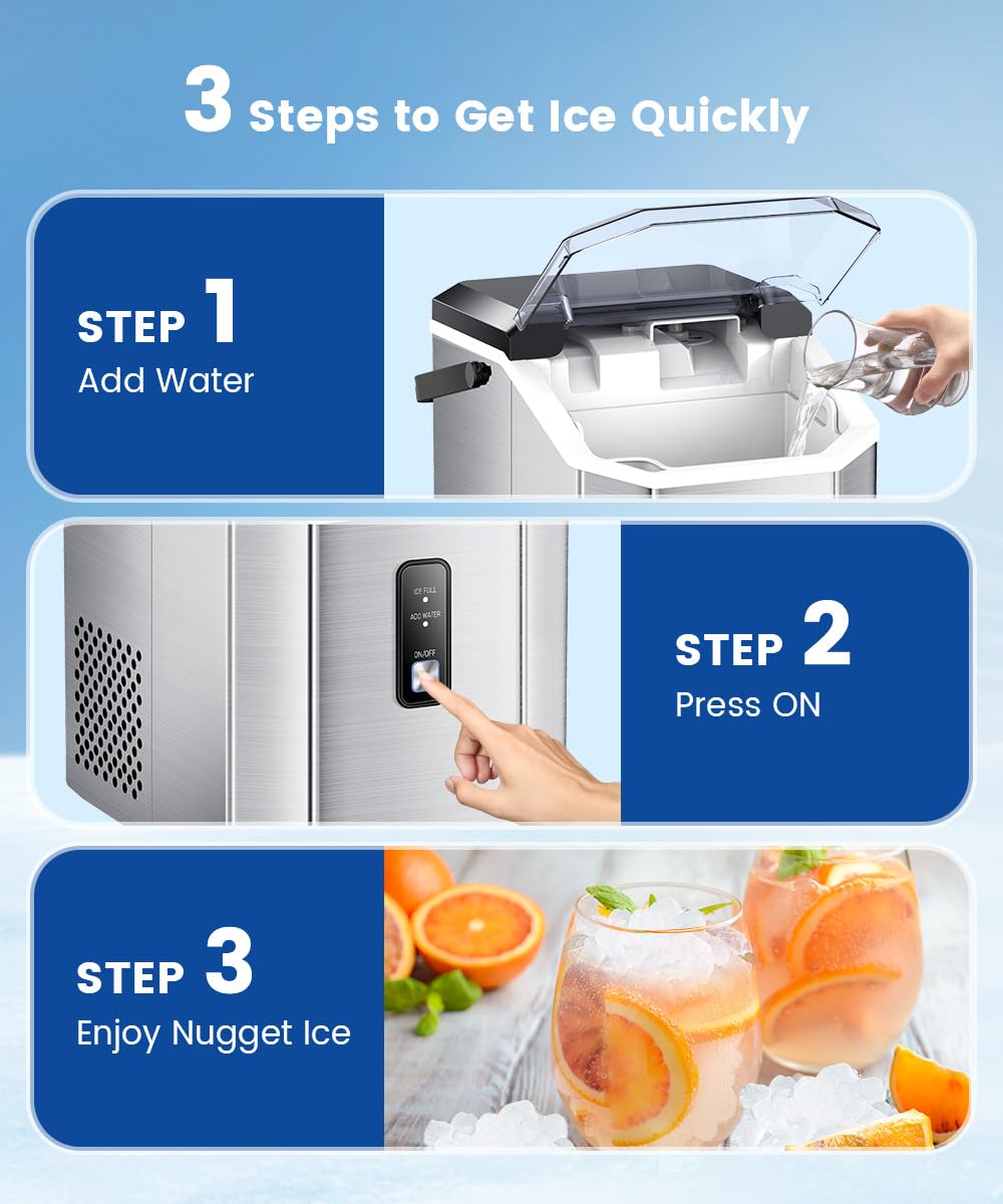 COWSAR Countertop Nugget Ice Maker - 34lbs/24H Soft Chewable Pebble Ice Machine with Auto-Cleaning, One-Click Operation, Includes Basket & Scoop - Perfect for Home, Kitchen, Office, Parties & Outdoor Use