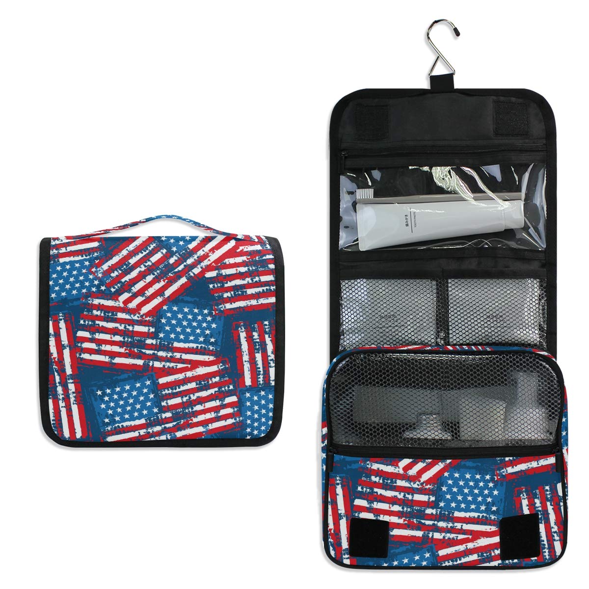 Vintage Patriotic USA Flag Hanging Toiletry Bag - Travel Cosmetic Organizer for Women & Men, Portable Makeup Pouch with Sturdy Hook - Perfect for Bathroom, Camping, Gym & Vacation Essentials