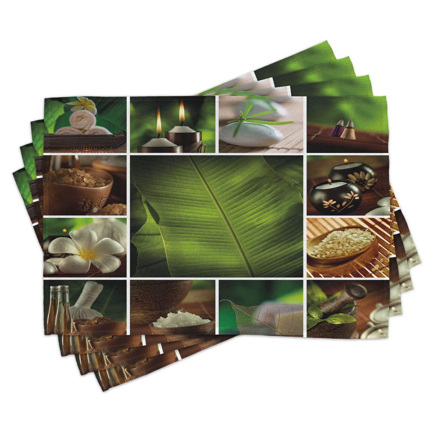 Ambesonne 4-Piece Spa Placemats Set - Candles, Stones, Herbal Salts & Botanic Plants Design - Washable Fabric Table Mats for Dining Room & Kitchen Decor (Green, White, Brown) - Perfect for Relaxing Spa Nights & Elegant Dinner Parties