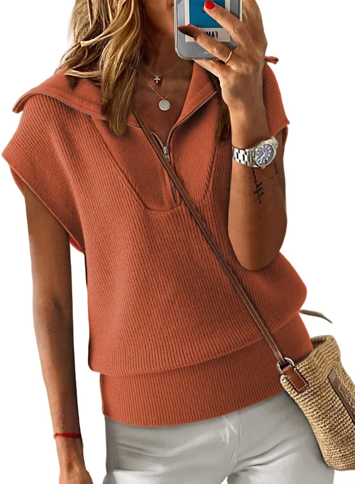 Dokotoo Women's Casual Sleeveless Half Zip Pullover Sweater - Solid V Neck Collar Ribbed Knit Loose Fit Top for Spring/Fall Layering, Office Wear & Weekend Outfits