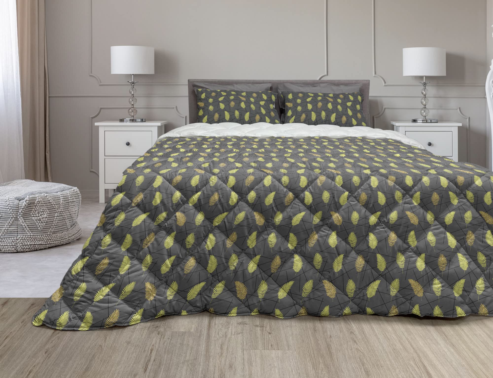 Ambesonne Botanical Comforter & Sham Bedding Set - King Size 3 Piece Duvet Cover with Leaf Motif in Yellow Green & Grey | Microfiber Filling for All Seasons | Perfect for Master Bedroom, Guest Room & Cozy Home Decor