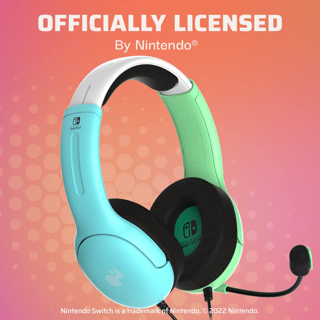 PDP Gaming LVL40 Stereo Headset with Microphone for Nintendo Switch/Switch Lite/OLED - Wired Noise Cancelling Mic, Lightweight Comfortable On-Ear Headphones (Animal Crossing Blue & Green) - Perfect for Gaming, Streaming & Online Classes