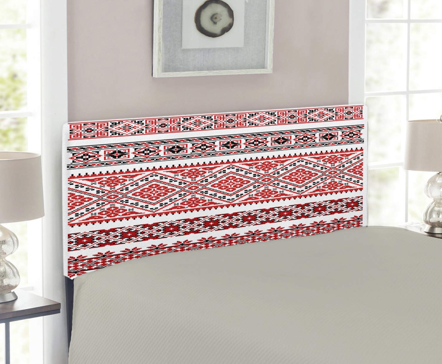 Ambesonne Traditional Ukrainian Art Headboard - Upholstered Decorative Metal Bed Headboard with Memory Foam, Twin Size, Vermilion Black White - Perfect for Bohemian & Ethnic Style Bedrooms