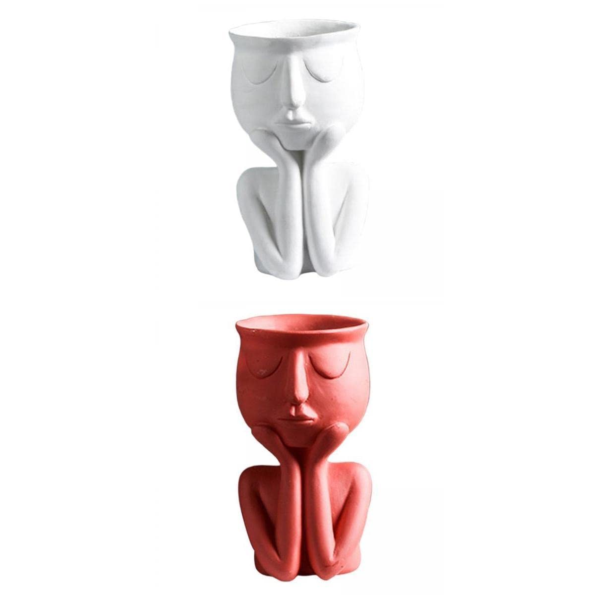 2 Pack Red and White Humanoid Resin Flower Pots - Unique Tabletop Garden Decor for Indoor Plants, Succulents & Home Office Decoration - Perfect for Living Room, Balcony and Gift Ideas
