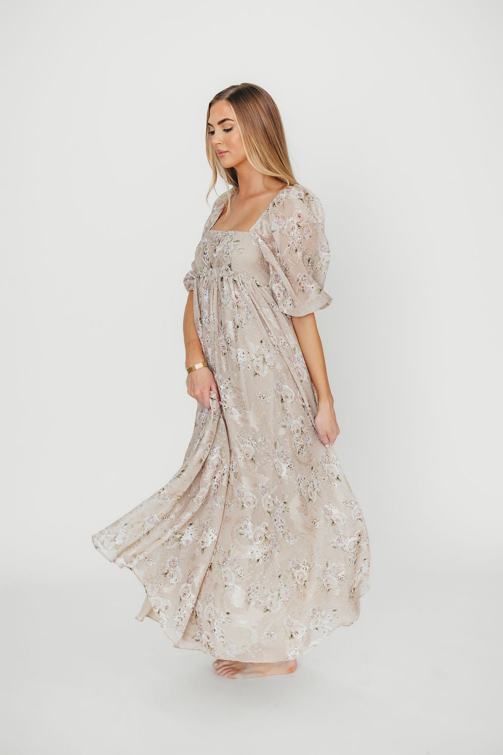 Elegant Mona Maxi Dress in Beige & Brown Floral Print - Women's Boho Summer Dress for Beach, Vacation & Casual Wear | Restocking August