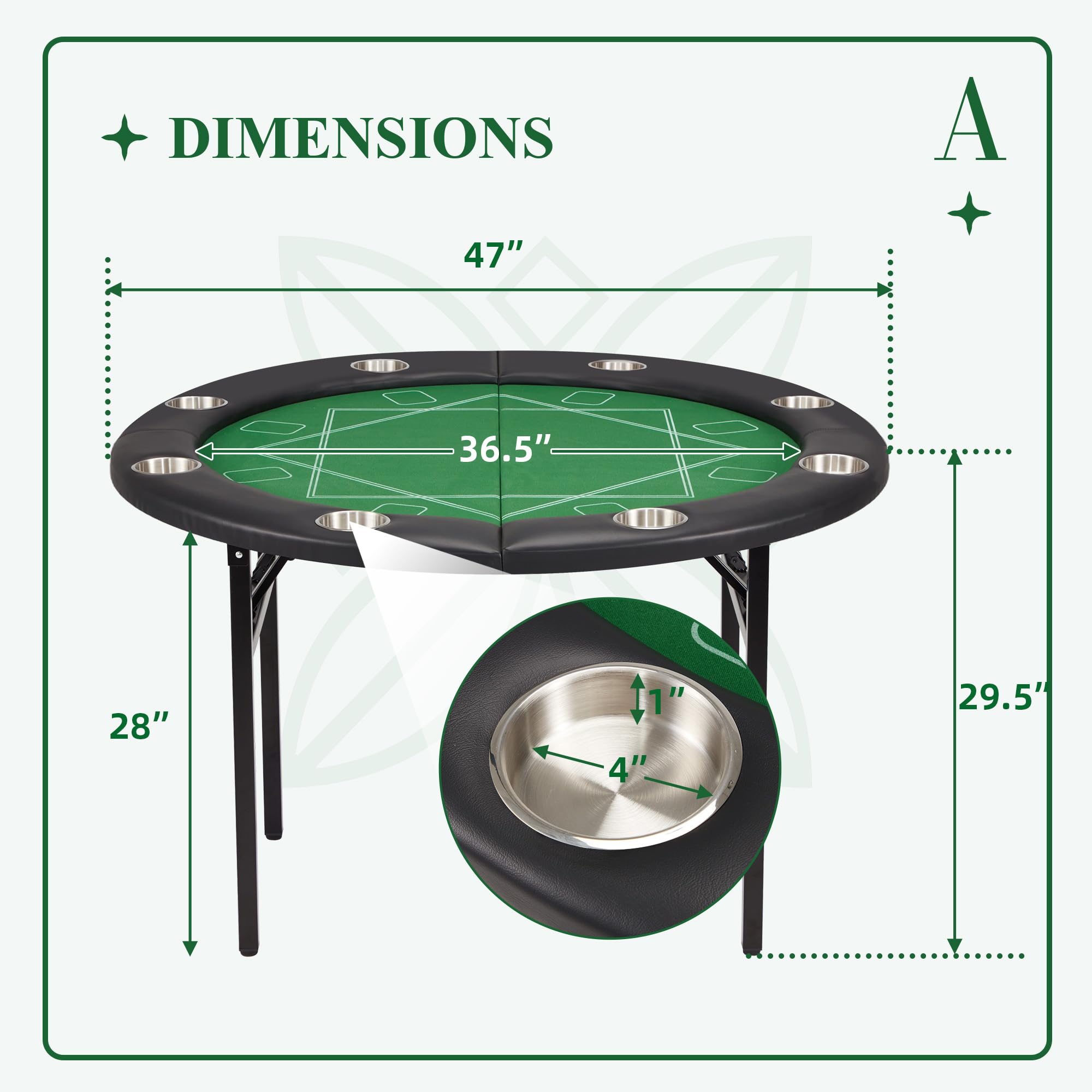 ECOTOUGE 8-Player Foldable Poker Table - Round Casino Style Texas Hold'em Table with Stainless Steel Cup Holders & Faux Leather Padded Rails - Portable Folding Card Game Table for Home, Parties and Casino Nights (Green)