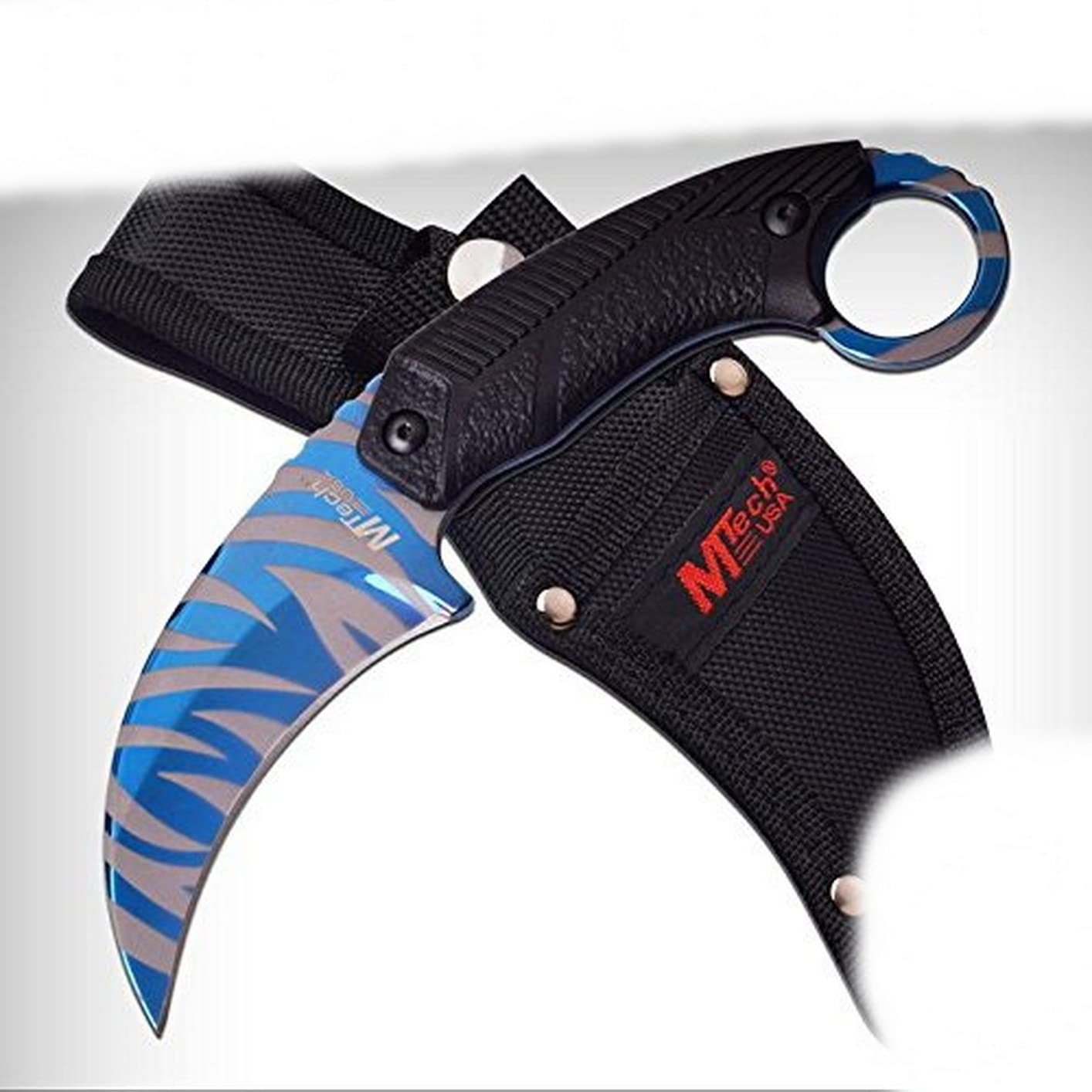 ProTactical US MTech Blue Tiger Stripe Fixed Blade Karambit Tactical Knife - Elite Combat & Survival Tool for Outdoor Adventures, Self Defense & Camping