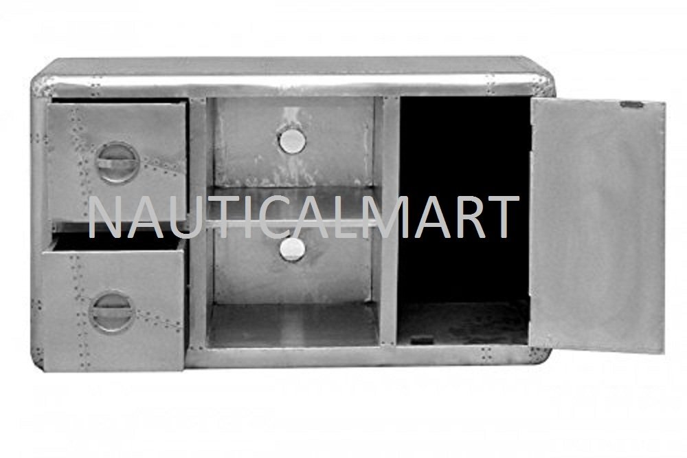 NauticalMart Aluminum TV Stand with Drawers - Modern Entertainment Center for Living Room, Bedroom & Home Theater Storage Furniture
