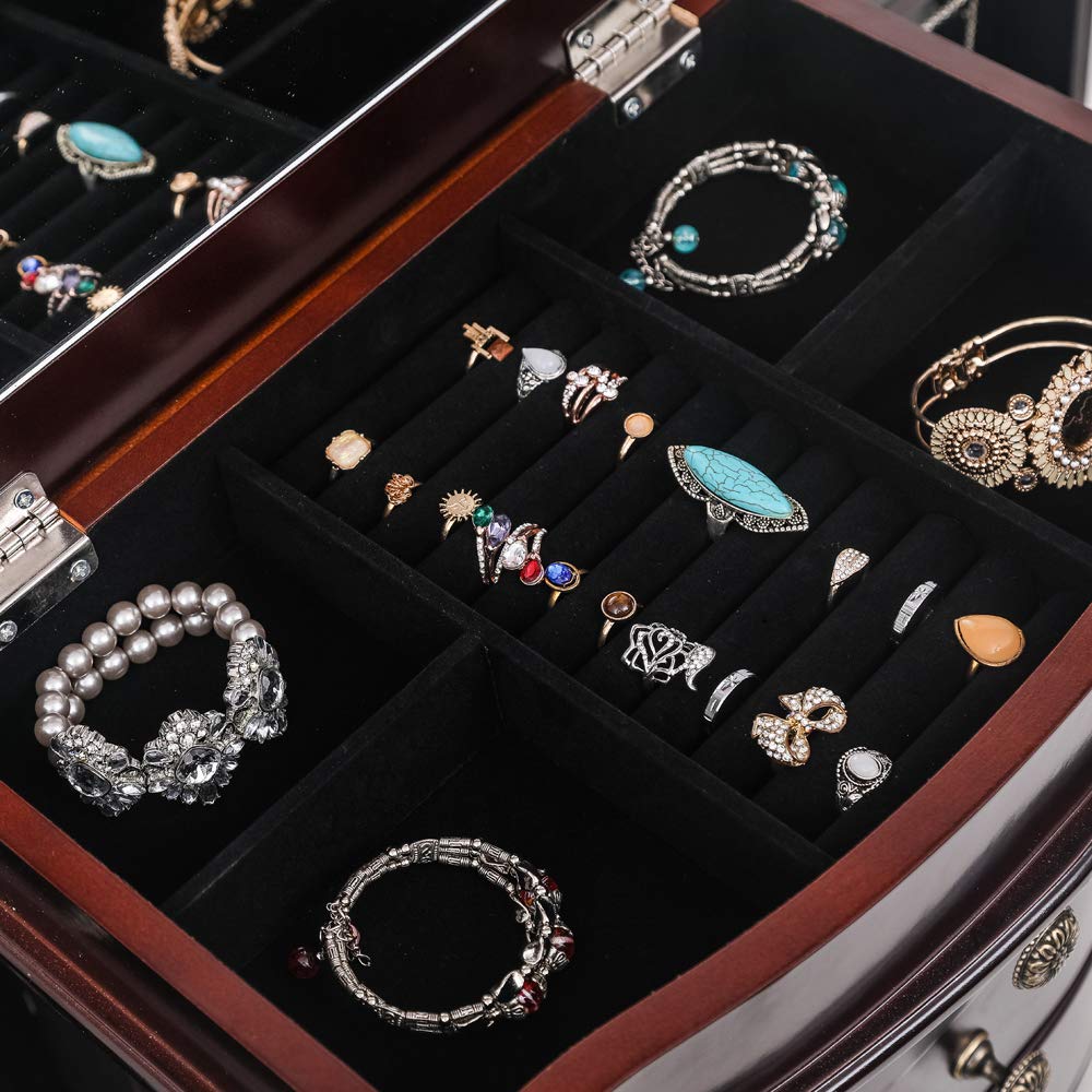Wooden Jewelry Armoire with 8 Drawers & Makeup Mirror - Free Standing Jewelry Cabinet Organizer for Necklaces, Watches, Rings, Bracelets & Earrings - Large Brown Cosmetic Storage Chest with Hanger - Perfect for Bedroom, Closet or Dressing Room Organization
