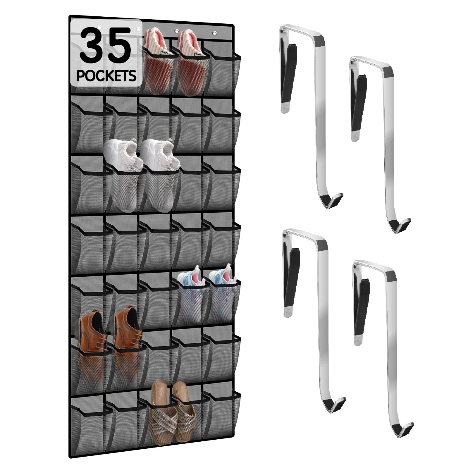 35 Compartment Breathable Mesh Over the Door Shoe Organizer for Men & Women - Space Saving Closet Storage Solution for Sneakers, Sandals & Boots | Perfect for Bedrooms, Dorms & Apartments (Gray)