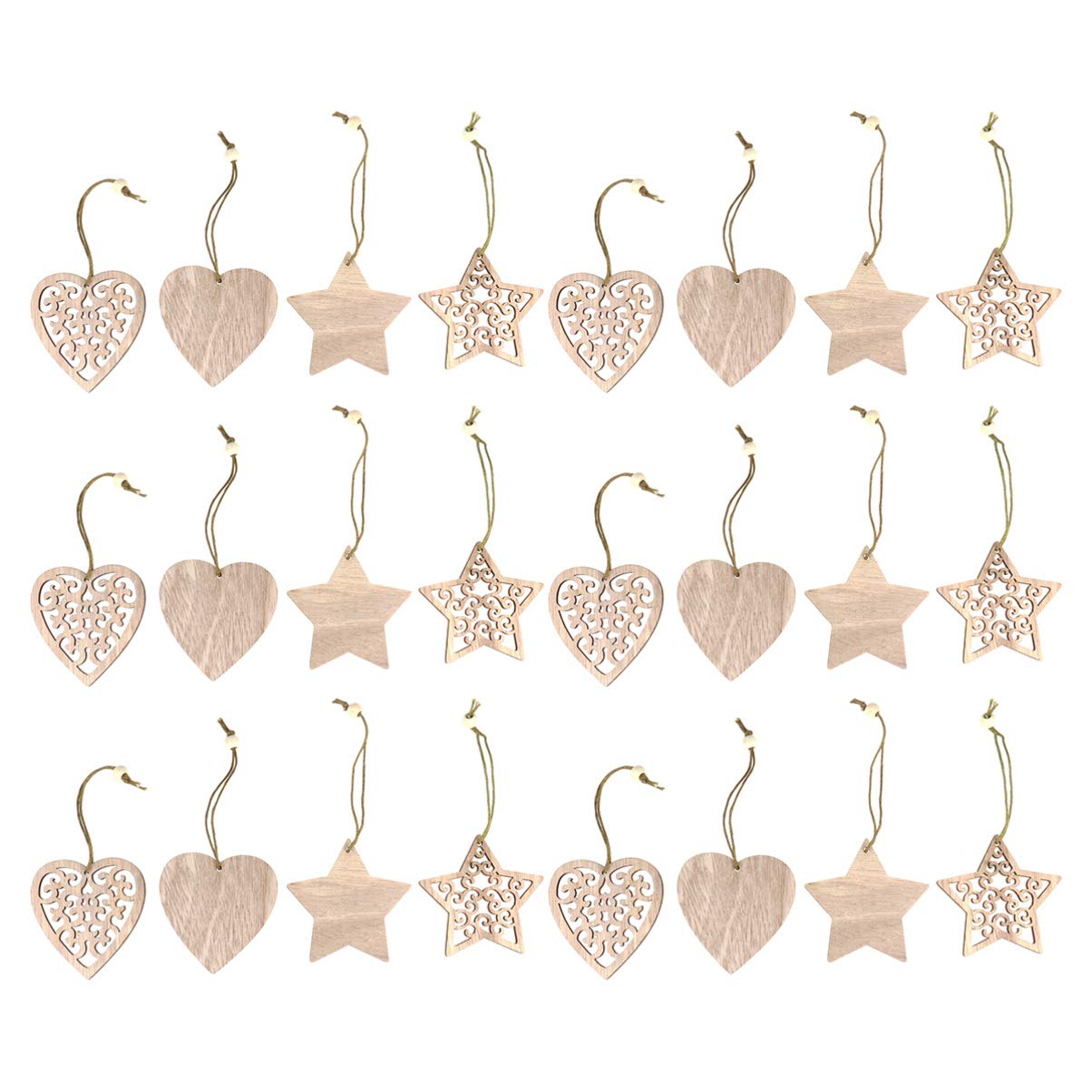 Amosfun 24 Pack Wooden Star Cutouts - Christmas Tree Hanging Ornaments, Holiday Party Decorations, DIY Craft Supplies for Festive Home Decor, Wedding & Baby Shower Decor