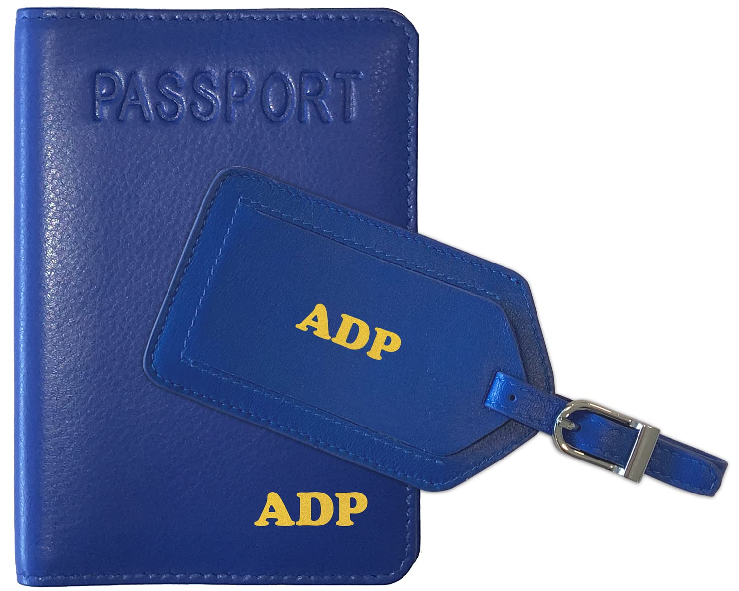 Personalized Monogrammed Cobalt Blue Leather RFID Passport Cover Holder with Luggage Tag - Travel Accessories for International Flights & Business Trips