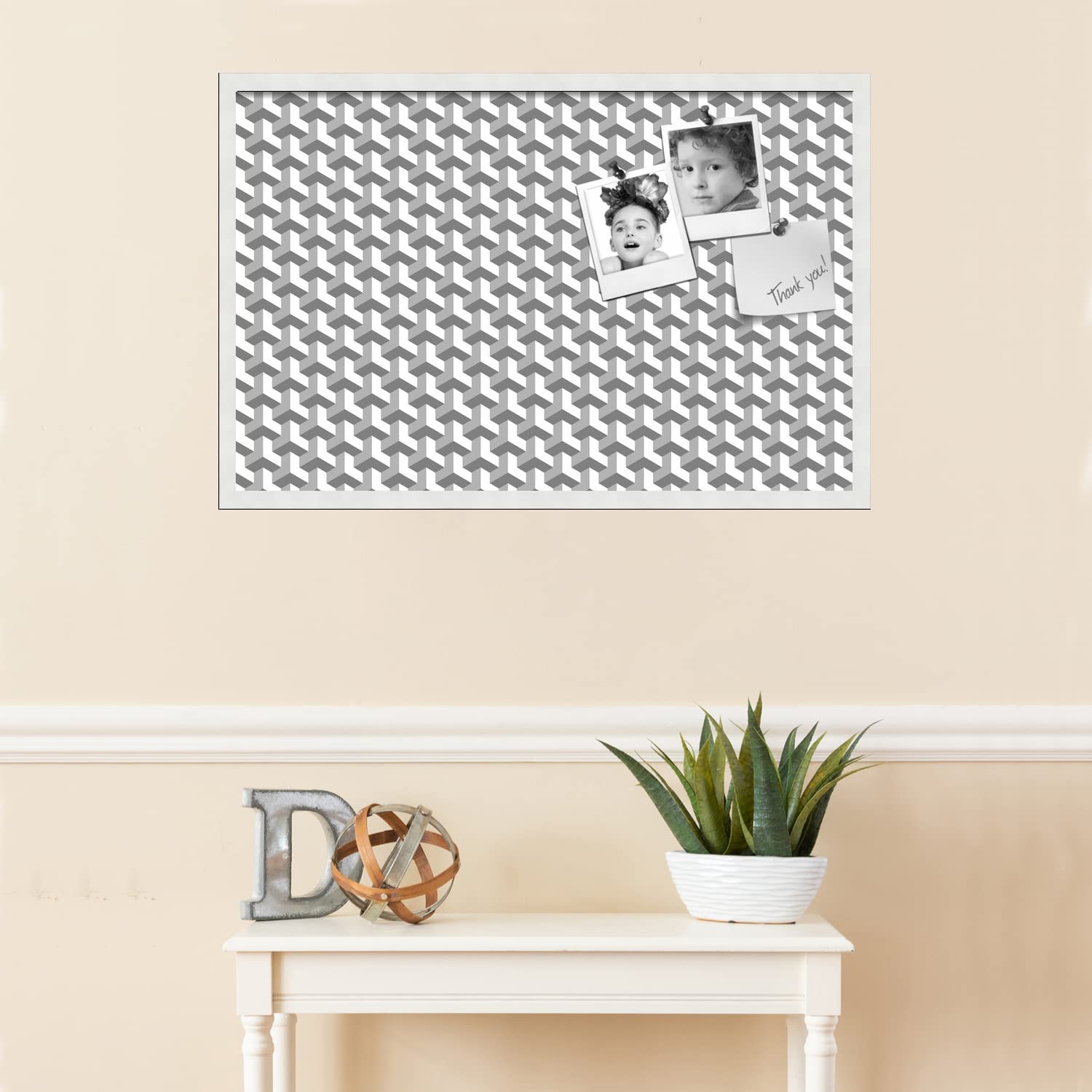 PinPix 34x22 Inch Cork Bulletin Board with BAUS Grey White Design & Satin White Frame - Decorative Framed Pin Board for Home Office School Decor - Perfect for Notes, Photos, Reminders & Wall Organization