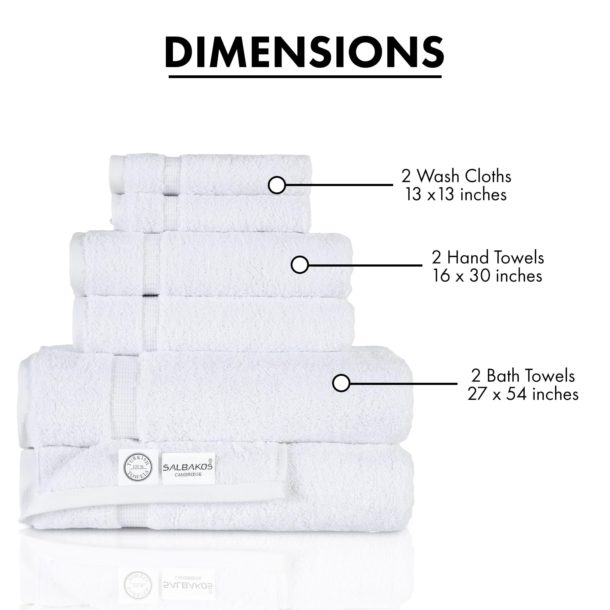 Premium 6-Piece Turkish Cotton Towel Set - Ultra Soft, Quick Drying & Highly Absorbent Bath Towels (2), Hand Towels (2) & Washcloths (2) | Luxury Spa & Bathroom Essentials for Home, Hotel & Gifts | White