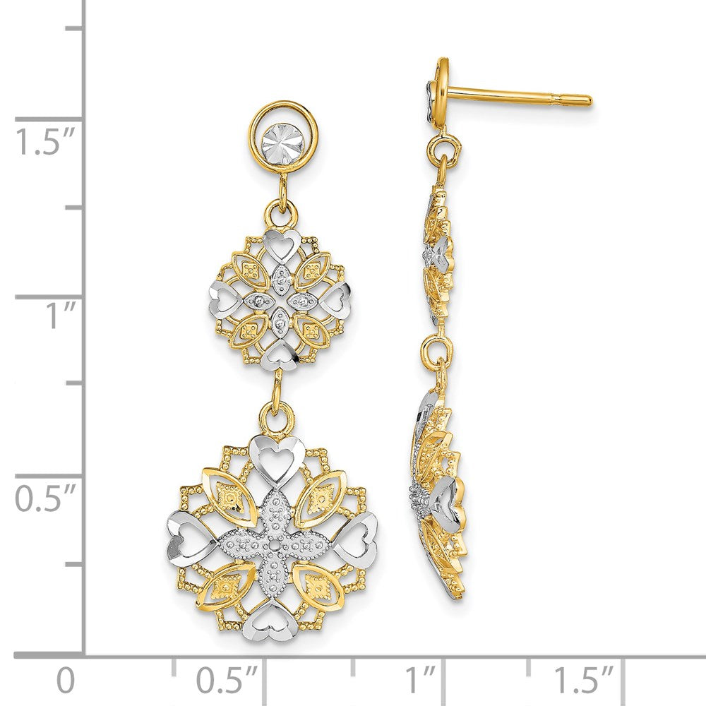 Gold Diamond Cut Flower and Heart Dangle Earrings TE918 - Elegant Women's Jewelry for Parties, Weddings & Special Occasions