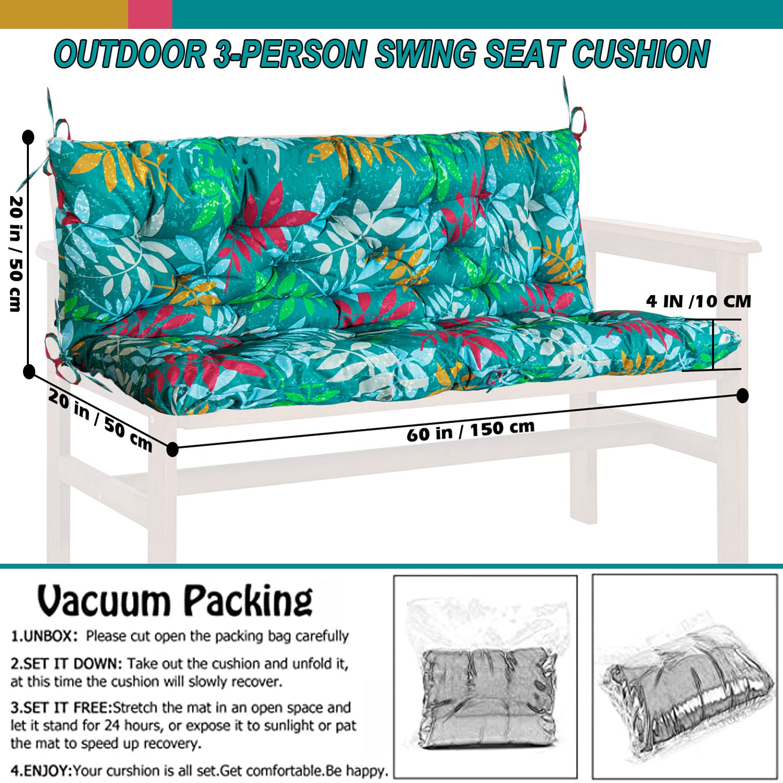 **Waterproof Outdoor Swing Replacement Cushions – Soft Garden Bench Seat with Backrest & Non-Slip Ties – Overstuffed Patio Chair Cushion (Flower Print, 40x59 Inches) – Perfect for Porch, Deck & Backyard Relaxation**