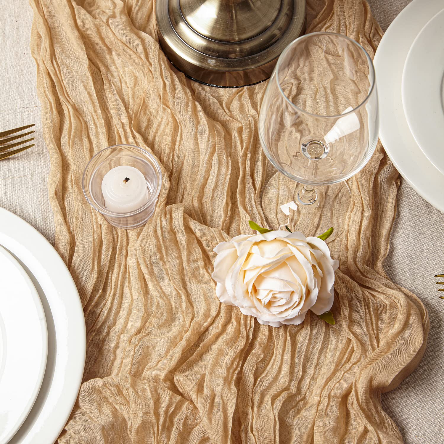 2-Pack 13Ft Cotton Cheesecloth Table Runners for Weddings - Rustic Linen Table Decor for Bridal Showers, Receptions & Party Decorations (Sand Color) - Perfect for Farmhouse, Boho & Vintage Wedding Themes