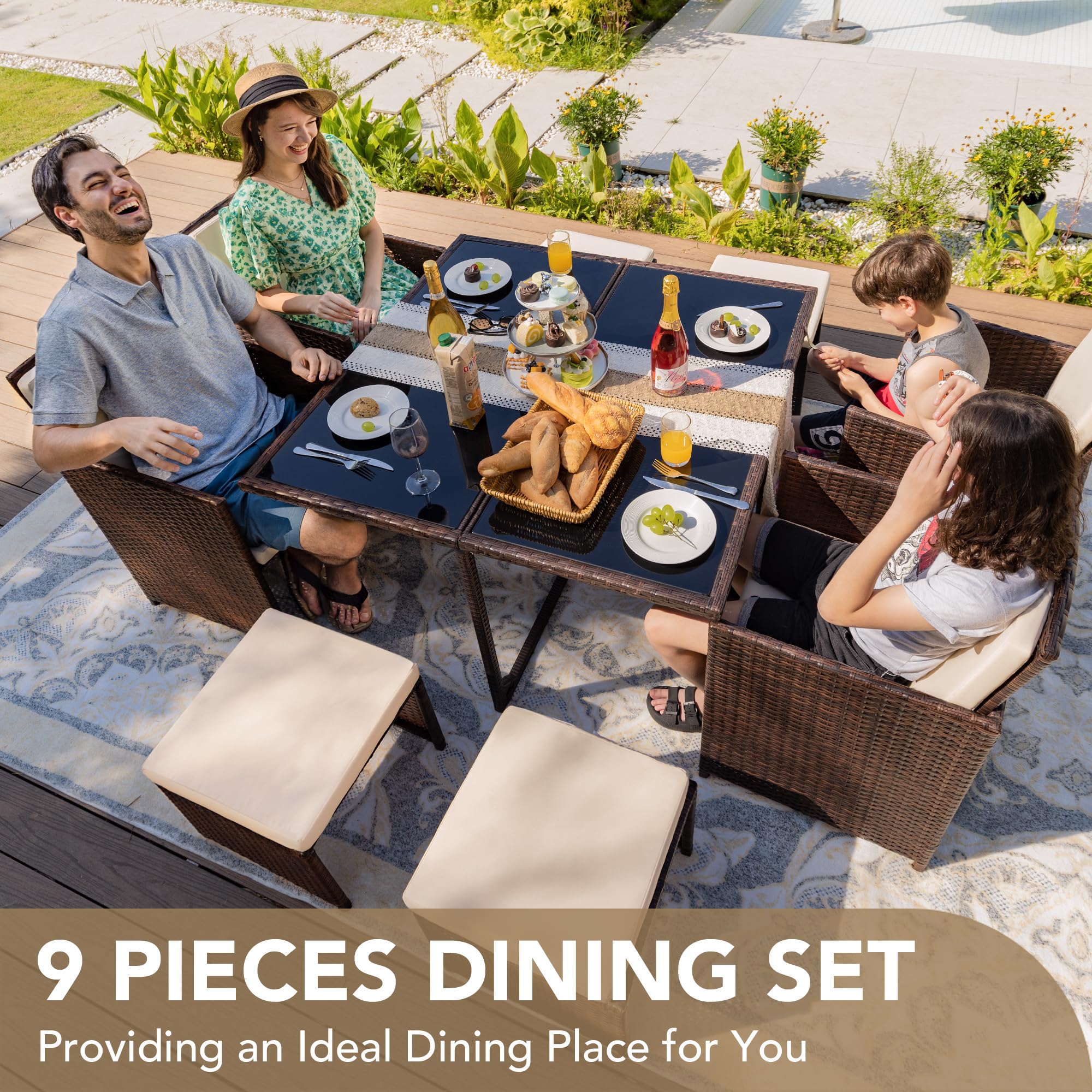 Devoko 9-Piece Outdoor Patio Dining Set - Space-Saving Rattan Chairs with Tempered Glass Table, Cushioned Seating & Backrest - Beige Sectional Conversation Set for Garden, Poolside & Backyard Relaxation