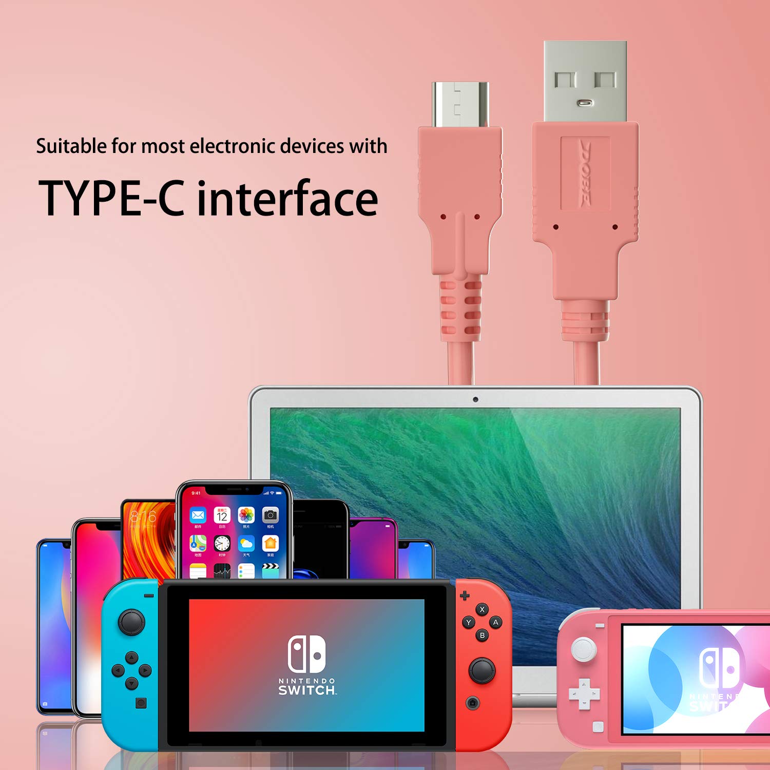 ECHZOVE Fast Charging Cable for Nintendo Switch & Pro Controllers - 4.92ft Coral USB-C Cable | Perfect for Gaming Sessions, Travel & Home Use