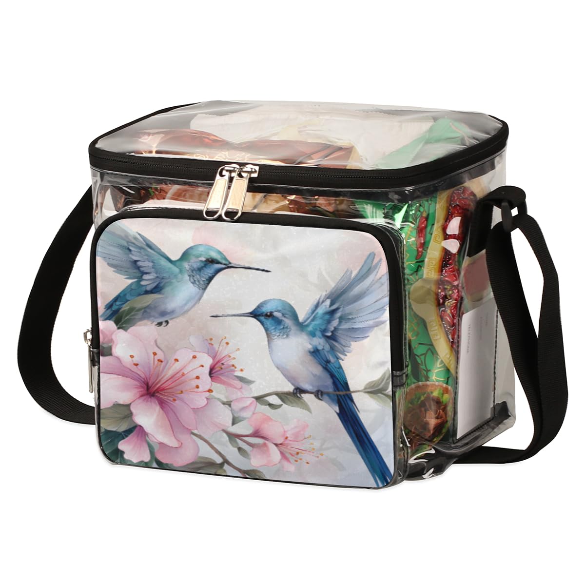 GzLeyigou Hummingbird Floral Clear Tote Bag with Handles - Transparent Crossbody Shoulder Bag for Lunch, Outdoor, Travel, Picnic, Concerts & Sports Events - Stadium Approved Multipurpose Purse for Women & Girls - Perfect for Beach, Shopping, Music Festivals and Daily Use