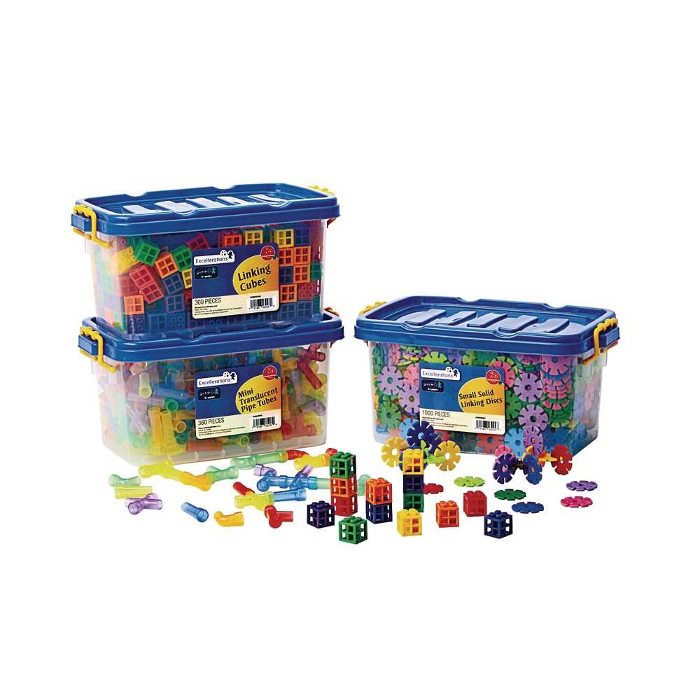 Excellerations 1660-Piece Educational Building Set - Linking Discs, Mini Tubes & Grid Cubes for Preschool STEM Learning | 3 Storage Bins | Creative Construction Toys for Kids Classroom & Home Play