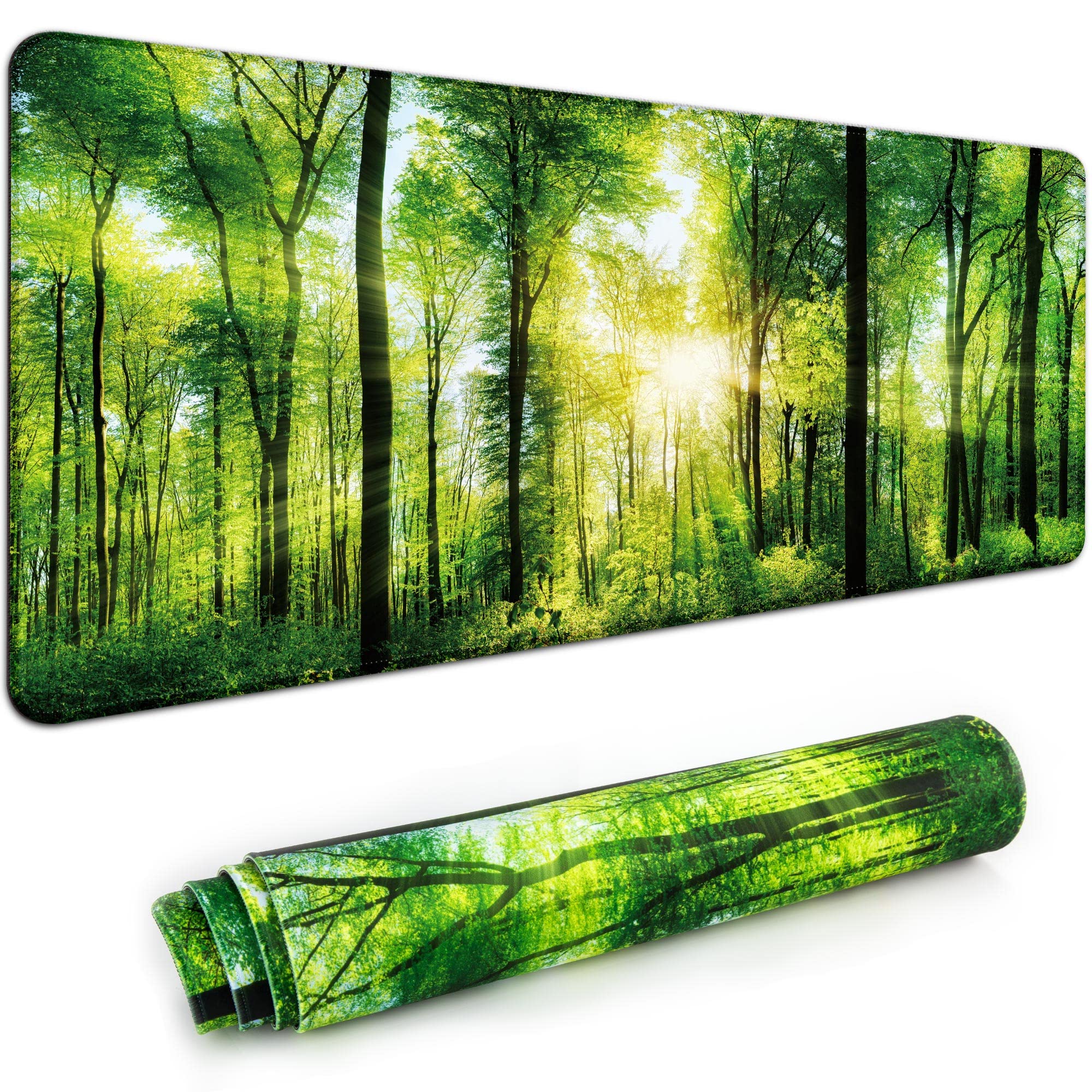 XXL Extended Gaming Mouse Pad 35''×15.6'' - Non-Slip Base & Stitched Edges Desk Mat for Computer, Office, Keyboard & Laptop (Green Forest) | Perfect for Gaming Setups, Home Office & Workspace Organization