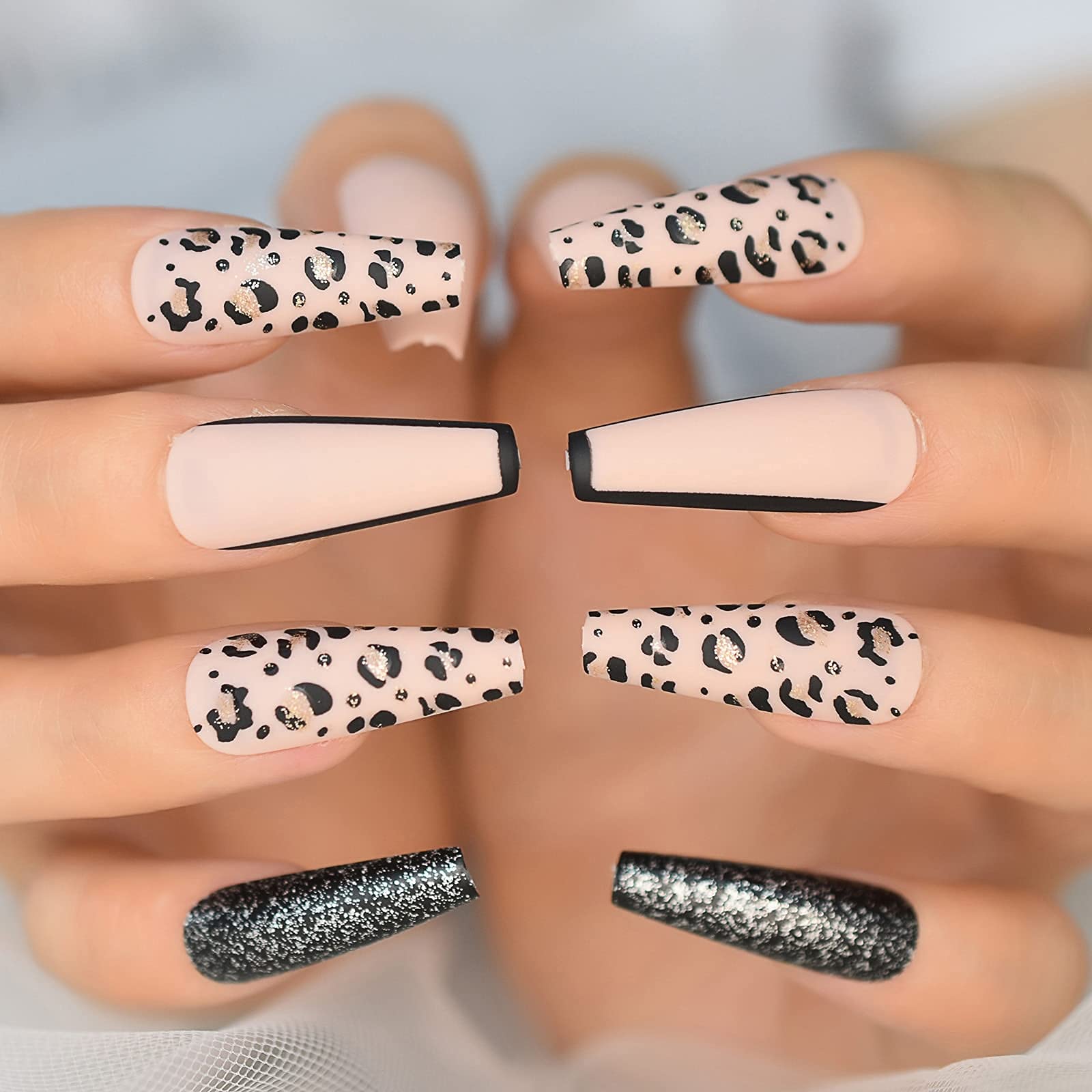 Extra Long Beige Press On Nails with Leopard Matte Design - Full Cover Acrylic False Nails with Glitter Tips for Manicure | Perfect for Parties, Weddings & Special Occasions