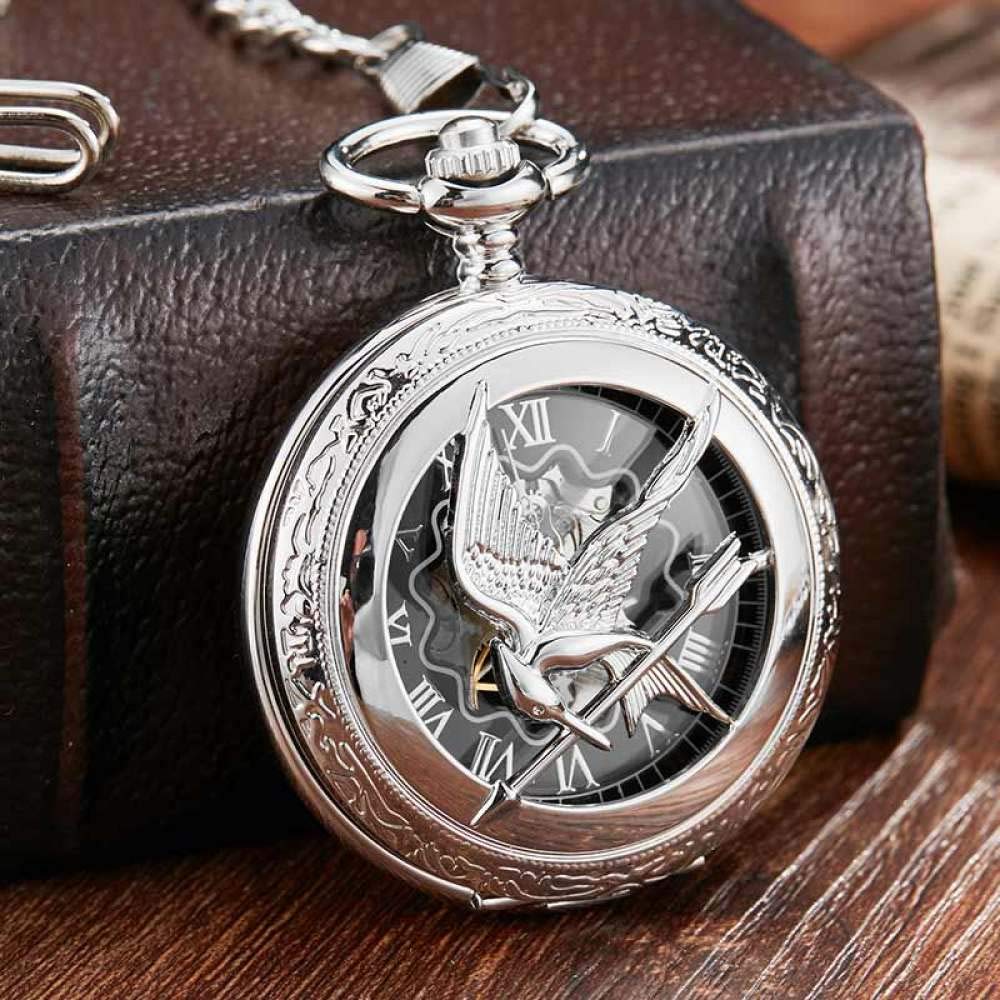 Vintage Silver Hollow Steampunk Mechanical Pocket Watch with FOB Chain - Hand Wind Antique Clock for Men & Women - Perfect for Cosplay, Hunger Games Costume, Victorian & Gothic Fashion Accessories