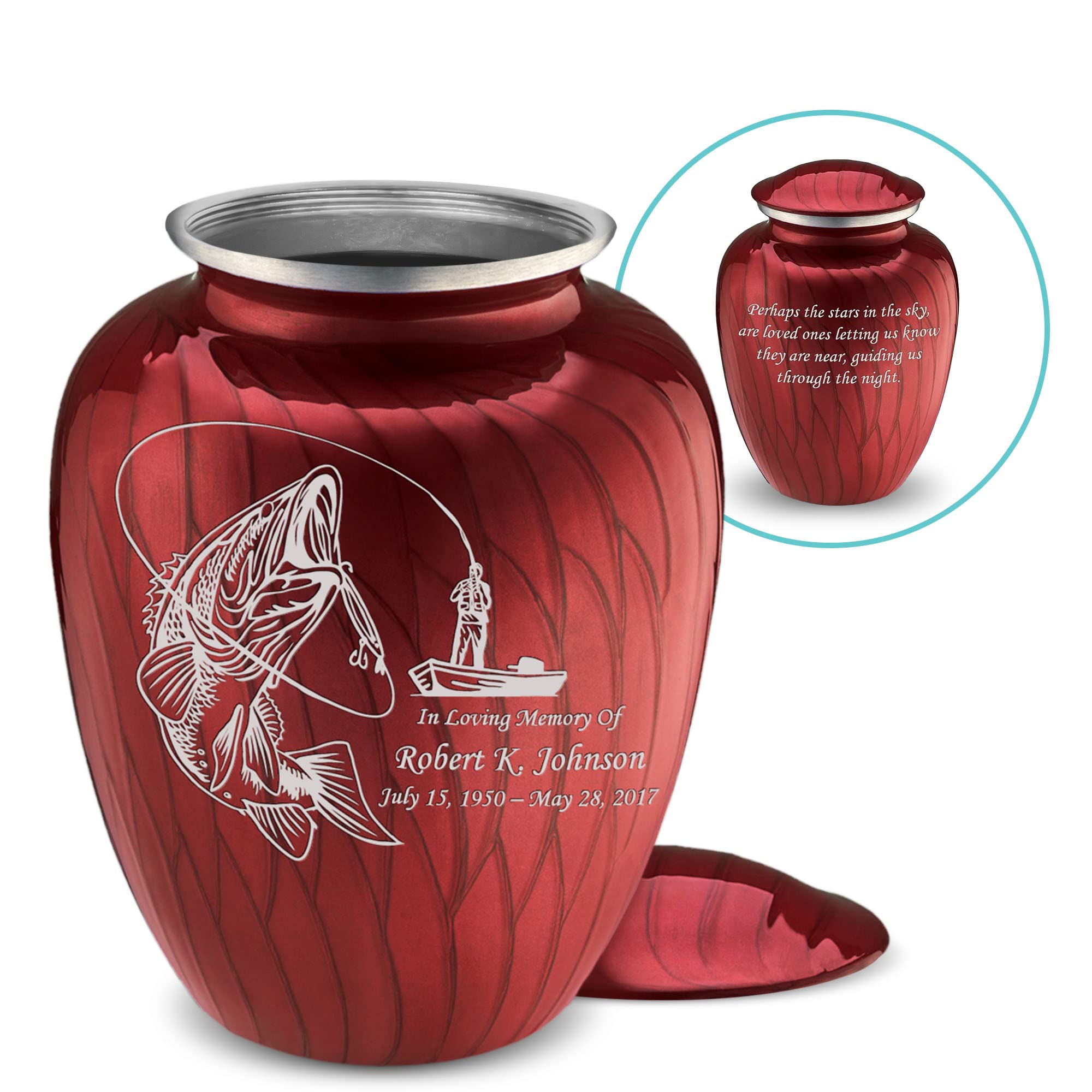 Personalized Fishing Cremation Urns for Ashes - Pearl Candy Red Funeral Urn with Double Side Engraving for Men & Women (44 lbs) | Memorial Keepsake for Anglers, Perfect for Home Display or Scattering Ceremonies