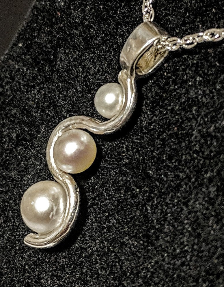 Triple Pearl Pendant Necklace - Sterling Silver Chain with Half-Drilled Freshwater Pearls, Handmade Dangle Jewelry - Perfect Gift for Women, Anniversary, Birthday & Special Occasions