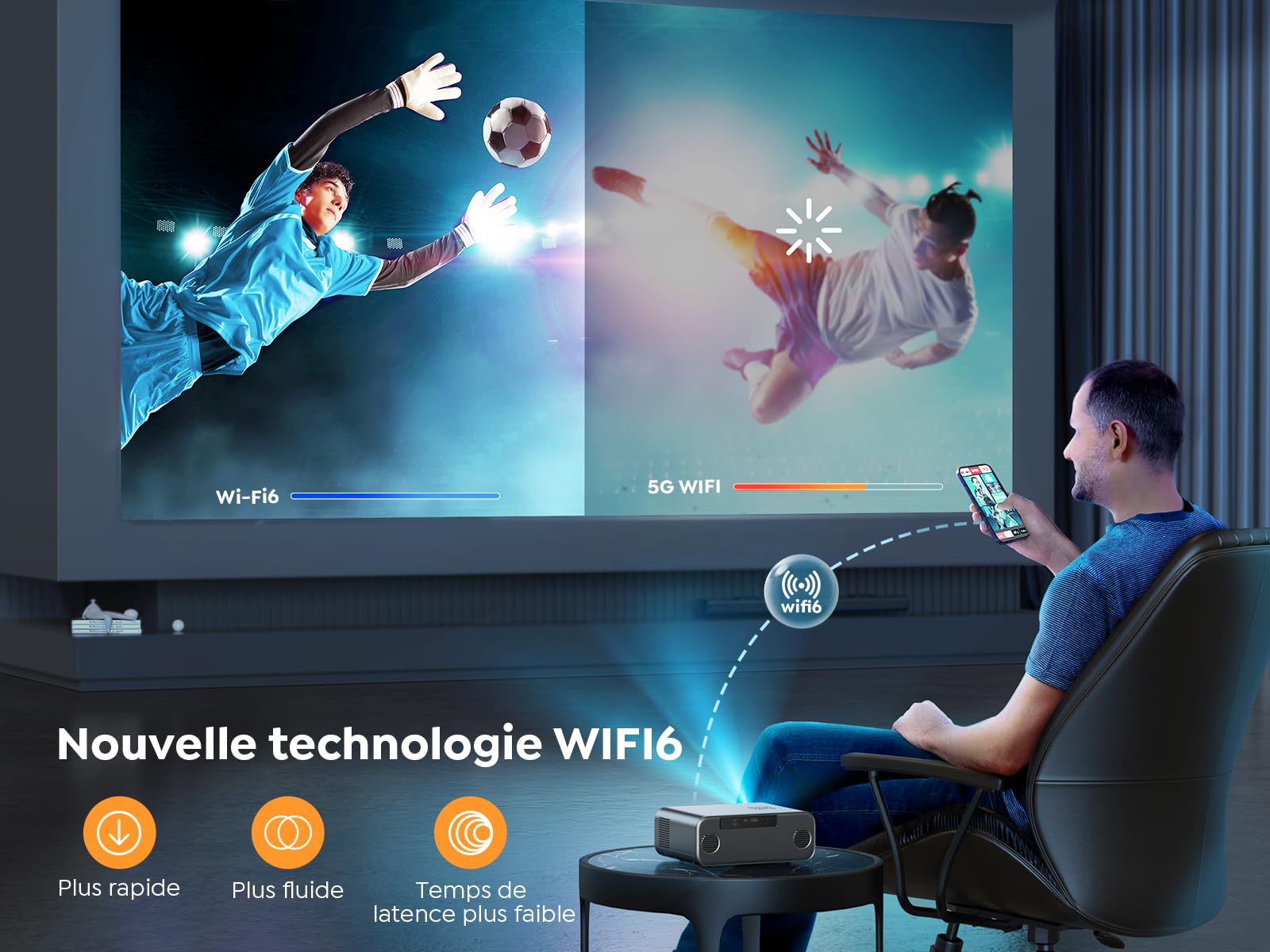 YABER V9 4K WiFi 6 Bluetooth Projector - 30000 Lumens, Auto Focus & Keystone, 2x6W Speakers, Native FHD 1080P Portable Video Projector for Home Theater, Outdoor Movies, Smartphone & TV Stick Streaming