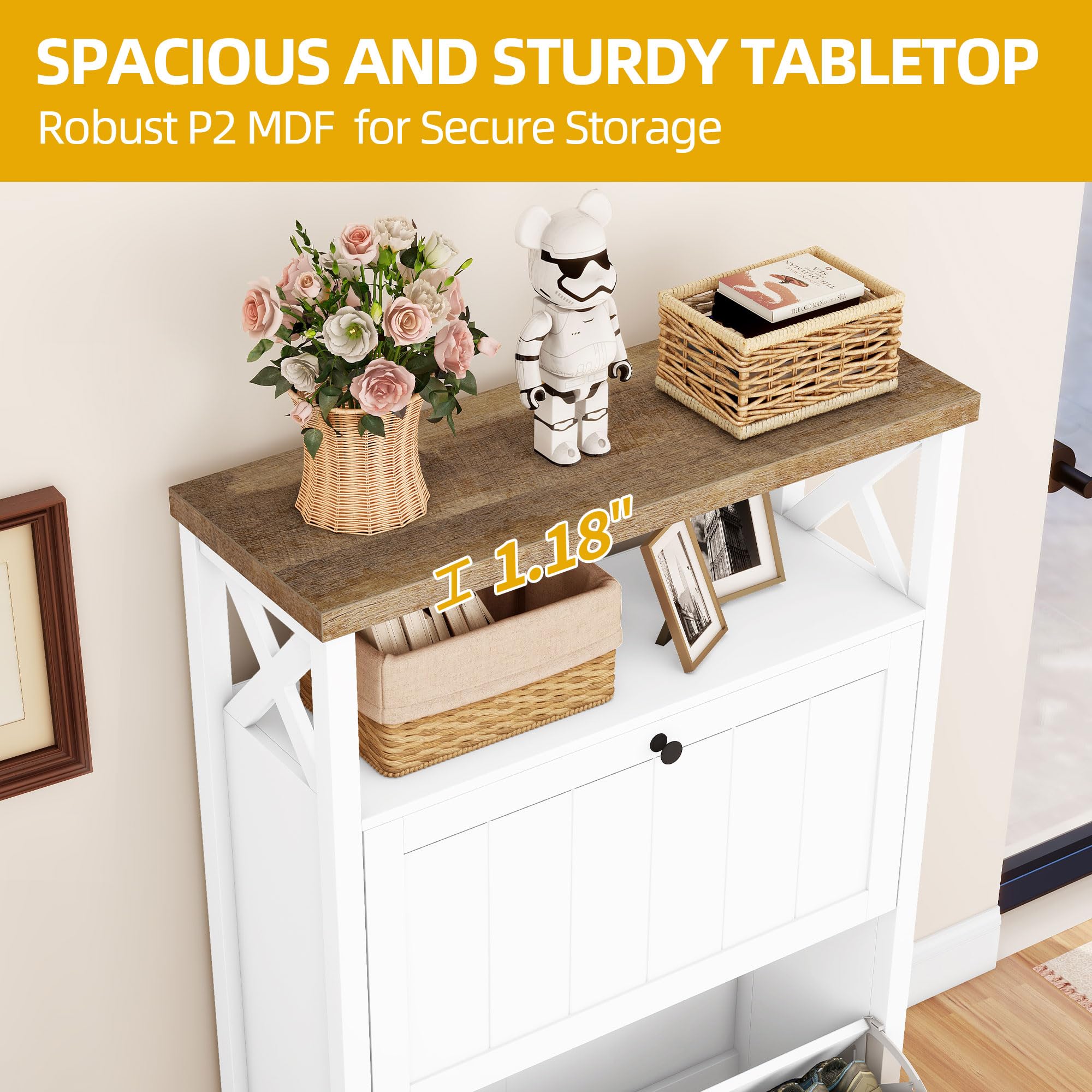DWVO White Shoe Storage Cabinet with 2 Flip Drawers - Space Saving Entryway Organizer for Shoes, Boots & Accessories | Perfect for Hallway, Closet & Mudroom Organization