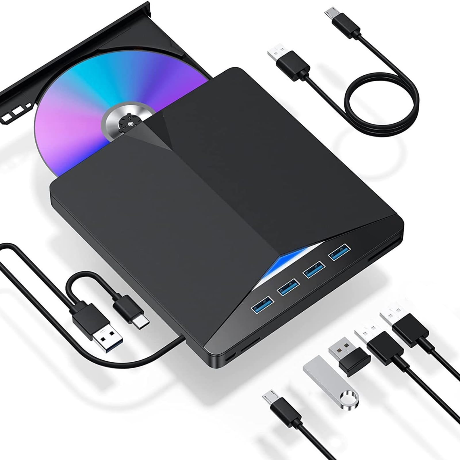 7-Port USB 3.0 & USB C External DVD Drive Burner - High-Speed Disc Writer Reader Player for Laptop PC - Perfect for Watching Movies, Burning CDs/DVDs, and Data Backup