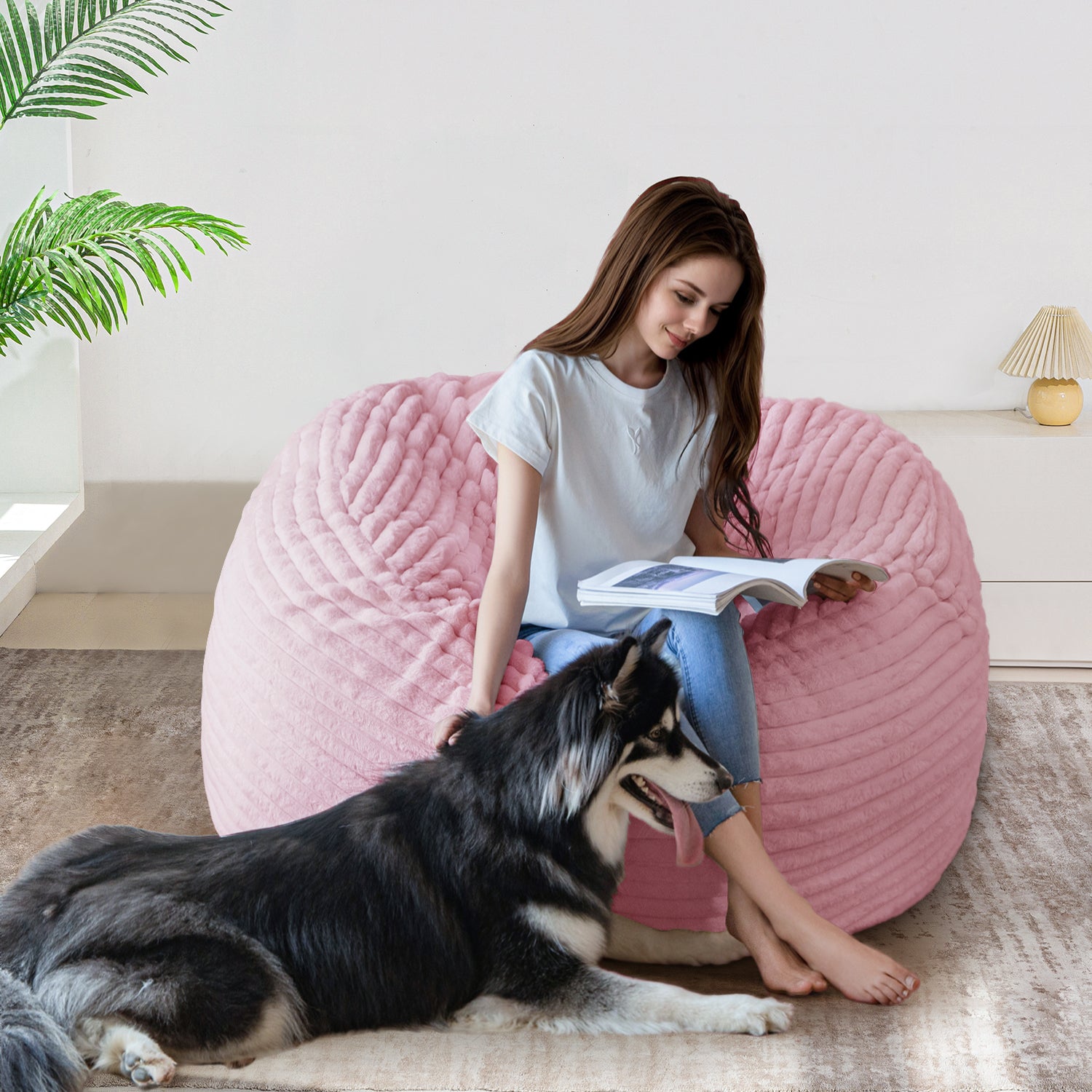 MAXYOYO Giant Bean Bag Chair Bed - Striped Faux Fur Convertible Beanbag in Pink | Oversized Lounger for Living Room, Bedroom & Game Room | Perfect for Relaxing, Reading & Movie Nights