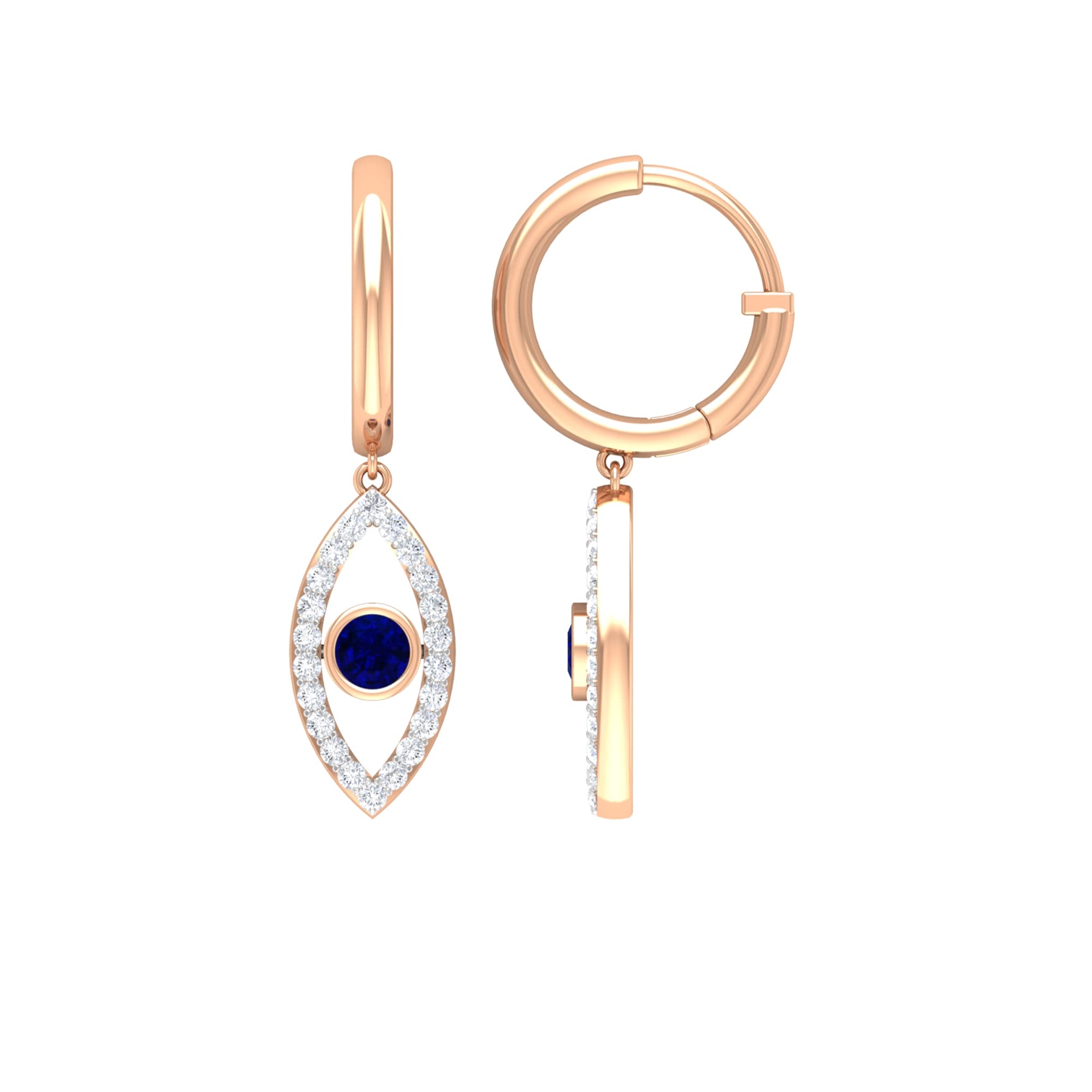 1/2 CT Blue Sapphire and Diamond Drop Hoop Earrings - 14K Solid Gold Evil Eye Hinged Earrings for Women - Perfect for Weddings, Parties & Everyday Elegance
