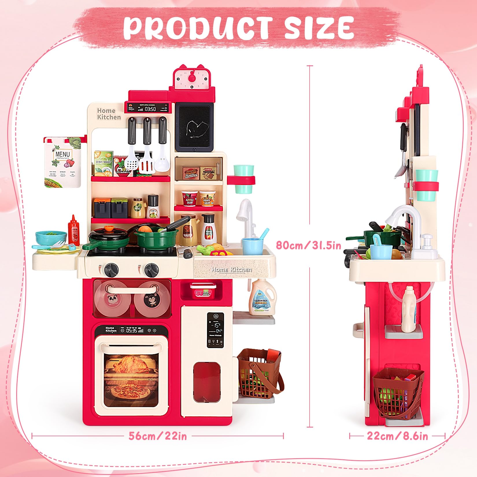Easface Kids Play Kitchen Set with Sound & Light - Pretend Cooking Stove with Steam, Play Sink & Accessories - Educational Toy Kitchen for Toddlers 1-5 Years Old (Red) - Perfect for Pretend Play, Role Playing & Early Learning at Home or Preschool