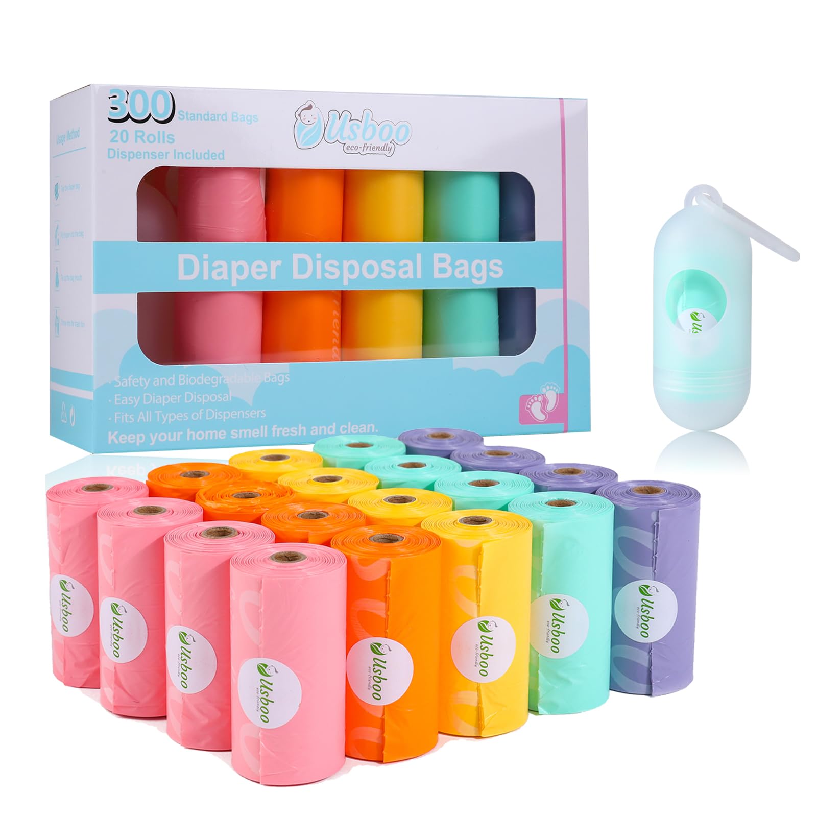Disposable Diaper Bags for Baby - 20 Refill Rolls (300 Bags) with Dispenser - Convenient Quick Diaper Waste Disposal - Rainbow Colors - Perfect for Diaper Changes, Travel & On-the-Go Parenting