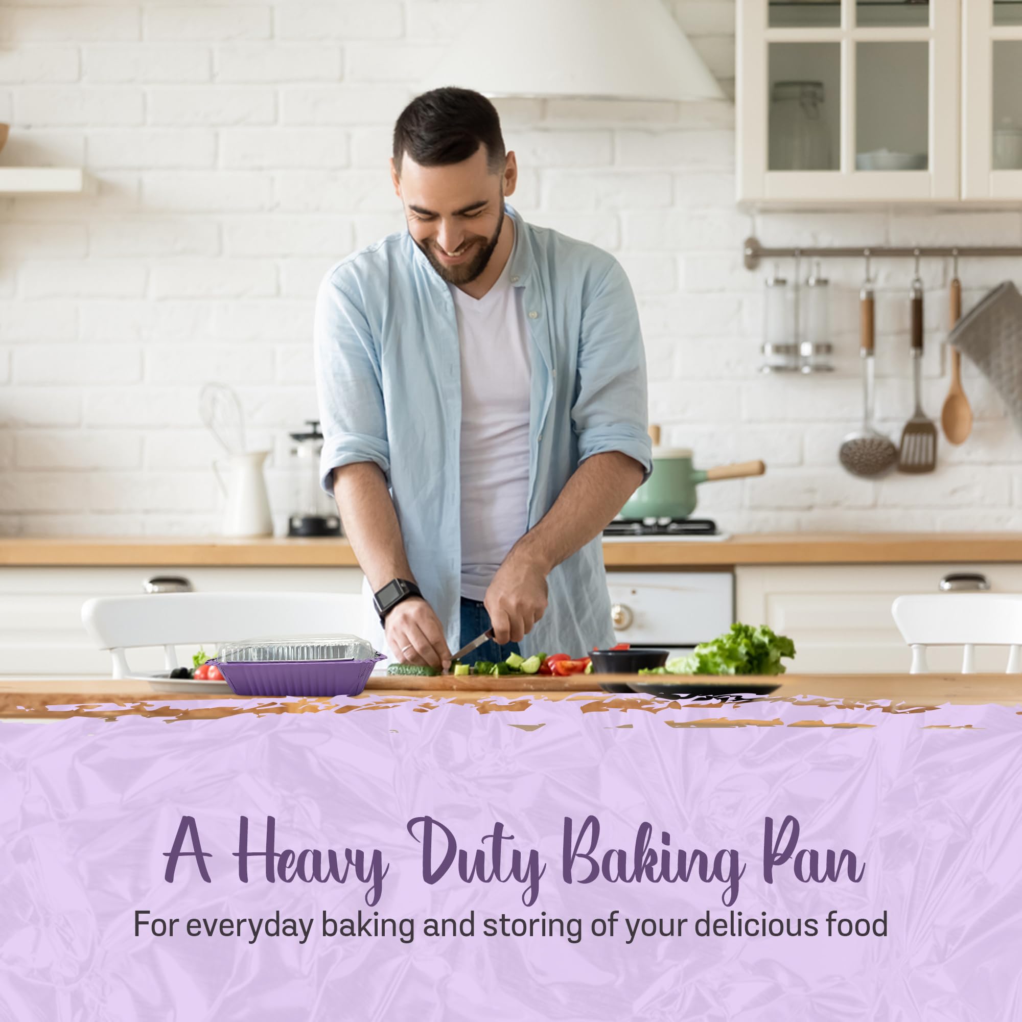 KitchenDance 7x5 Inch Purple Nonstick Aluminum Foil Baking Pans with Plastic Lids - Heavy Duty Reusable Food Storage Containers for Meal Prep, Takeout & Leftovers | Perfect for Home Baking, Party Catering & Restaurant Use