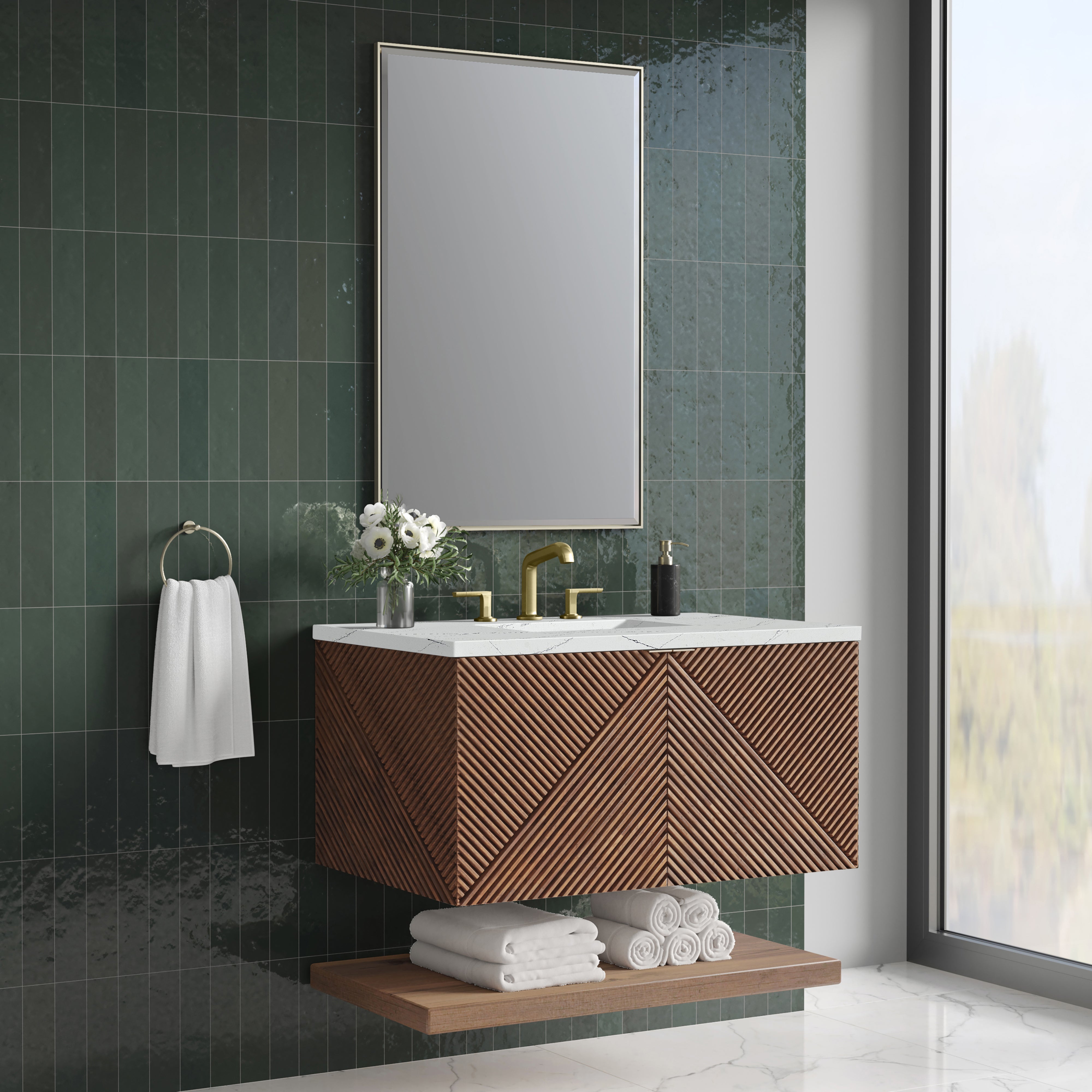 Marcello 36 Inch Single Bathroom Vanity with Sink - Chestnut Finish & 3CM Ethereal Noctis Quartz Countertop | Perfect for Modern Bathroom Remodel & Small Space Solutions