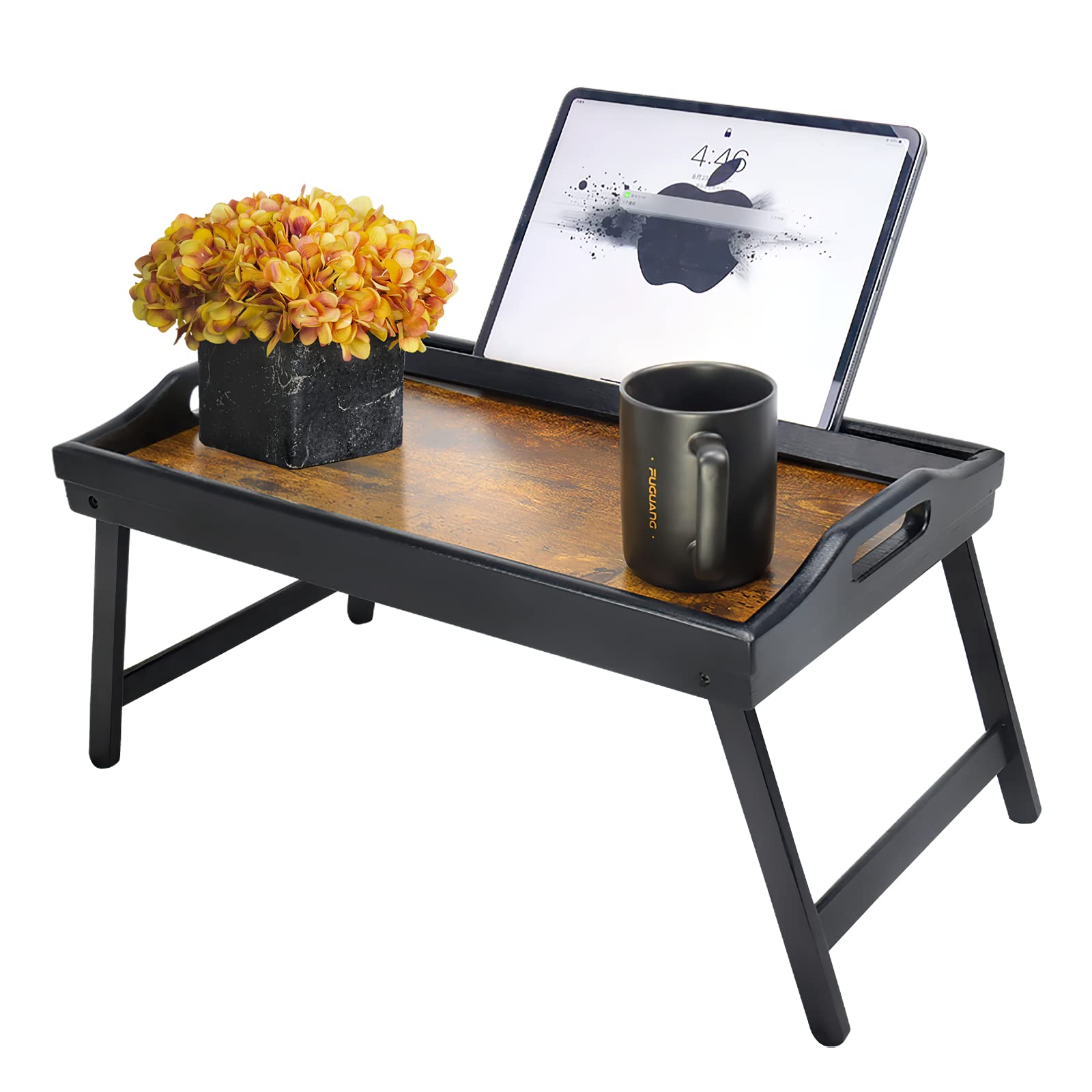 **Foldable Bamboo Bed Tray with Handles & Phone Holder - Portable Breakfast, Laptop, Serving Tray for Bed, Sofa, or Office Use**