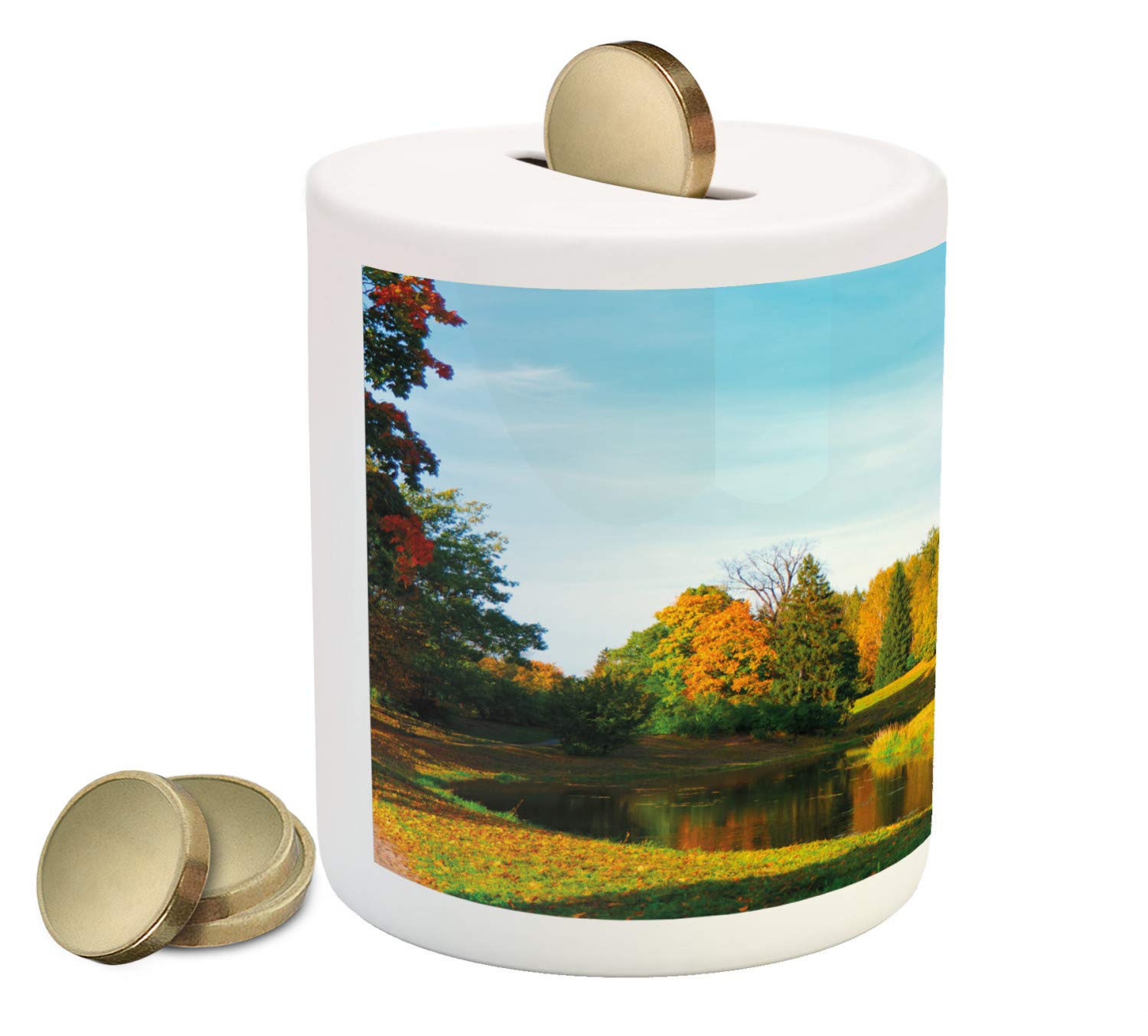 Ambesonne Ceramic Piggy Bank with Scenic Forest Park Landscape - Printed Money Box for Cash Saving in Marigold & Olive Green | Perfect Gift for Kids, Home Decor, and Coin Collection