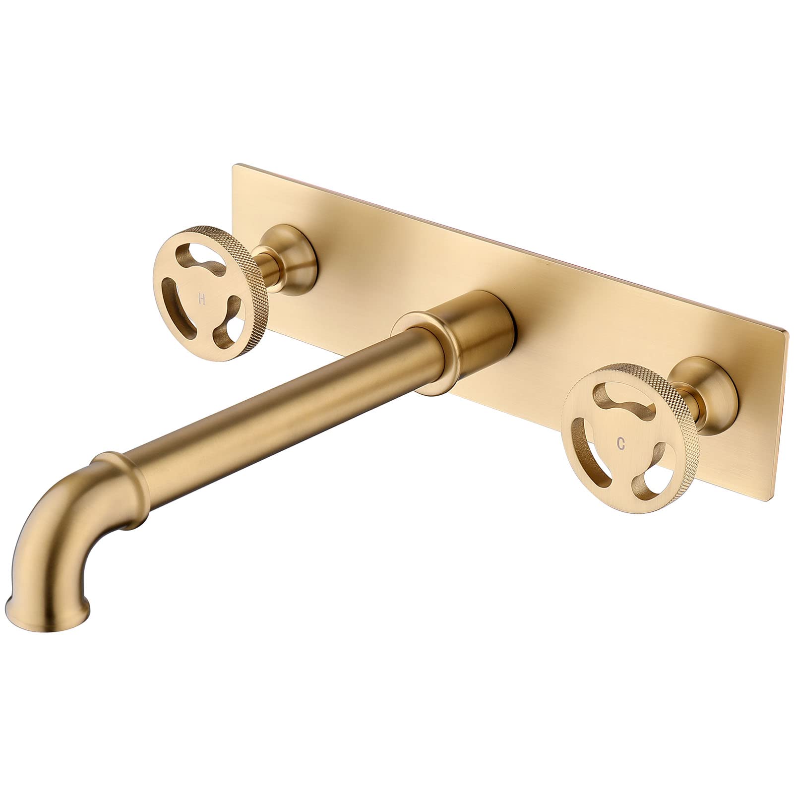 Premium Brushed Gold Wall Mounted Industrial Bathroom Faucet - Double Handle Brass Mixer Tap for Sink, Basin & Bathtub | Vintage Style for Modern Bathroom & Luxury Hotel Decor