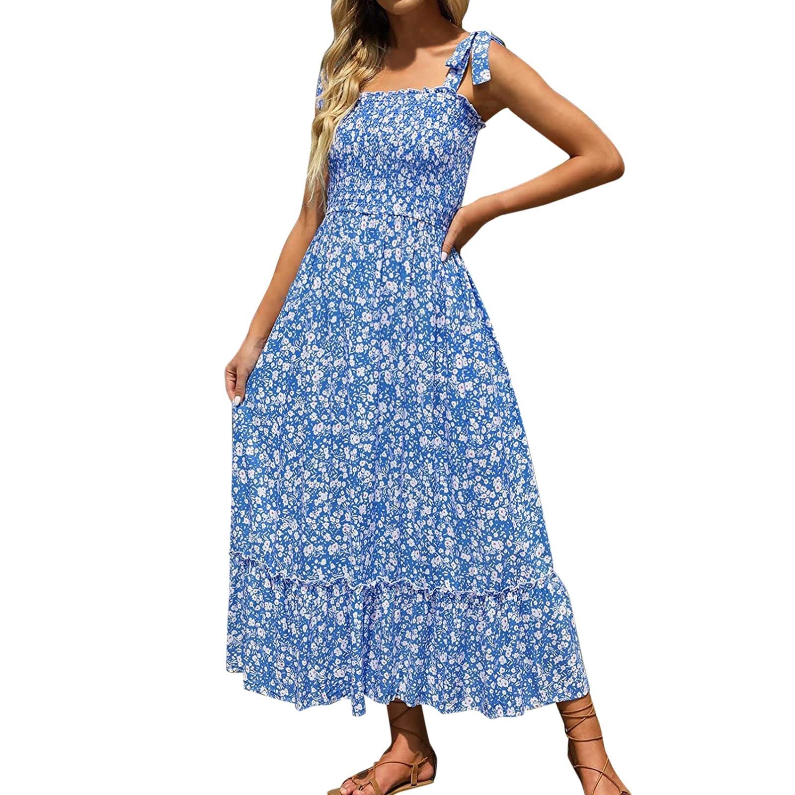 FRETRG Women's Summer Long Boho Print Sling Dress - Loose Casual & Business Wear for Women | Perfect for Beach Vacations, Office Wear & Summer Parties