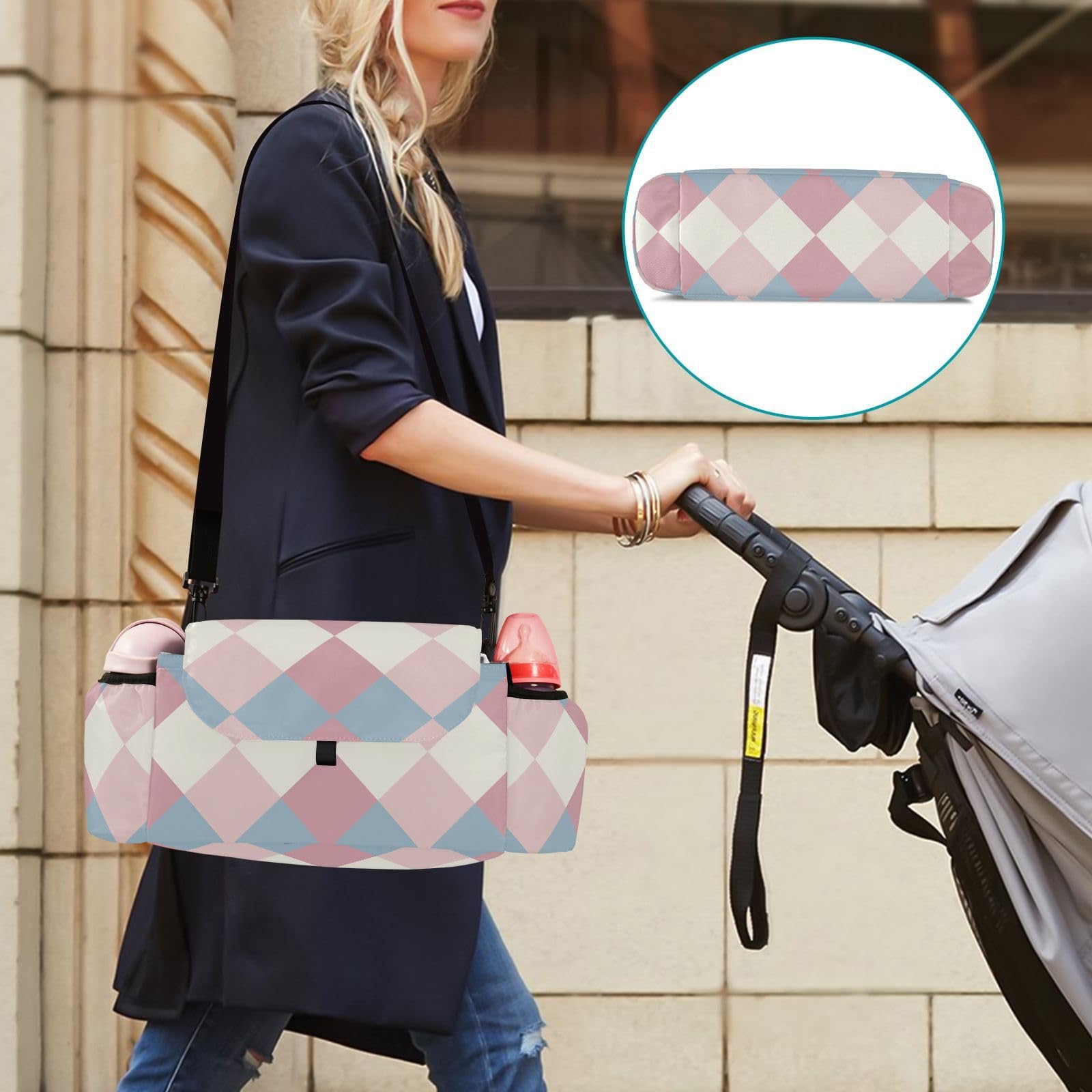 Amooorous Powder Blue Stroller Organizer with Cup Holder - Non-Slip Square Design, Adjustable Straps for Baby Strollers & Car Seats - Perfect for Diapers, Bottles, and Essentials On-The-Go